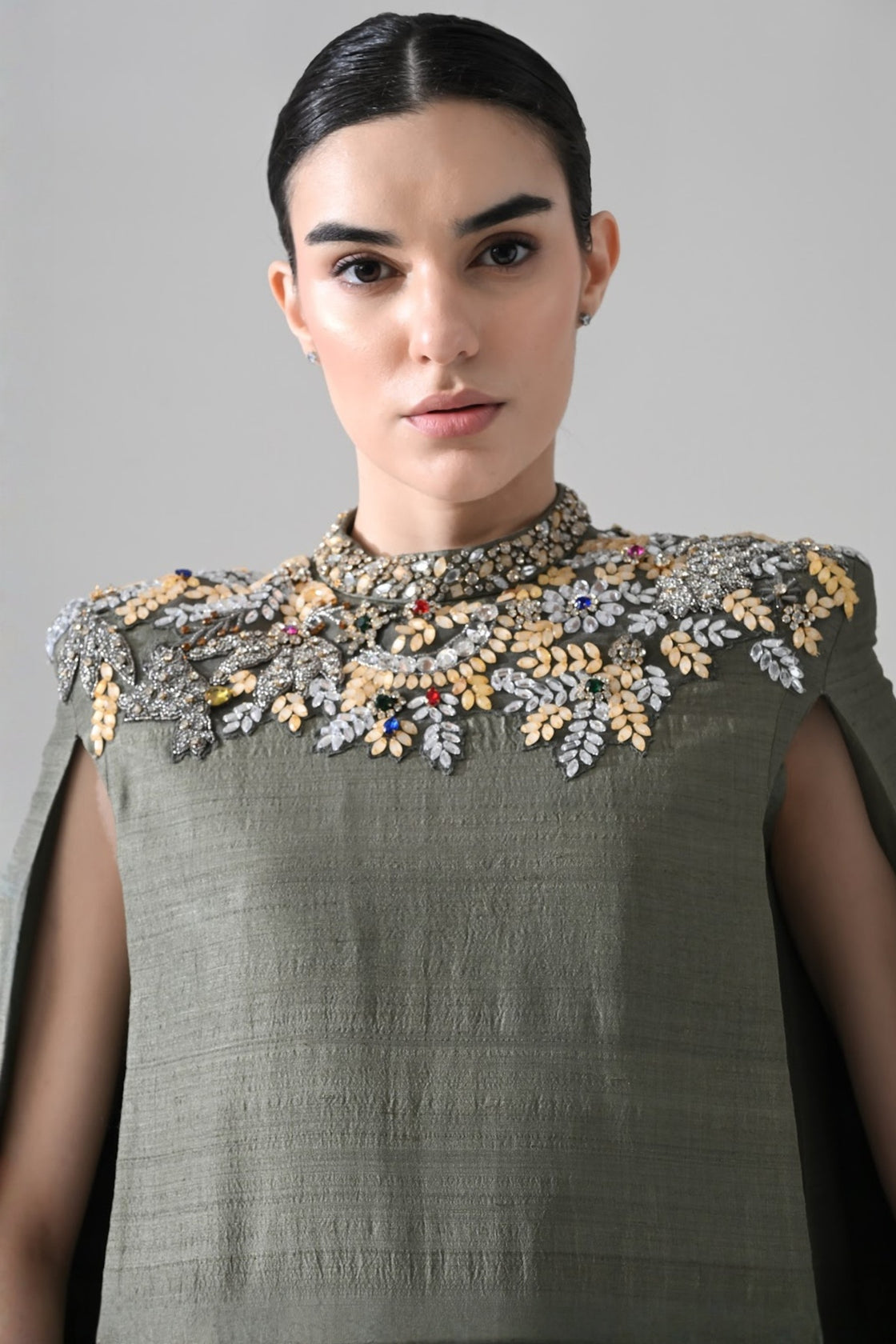 Grey Cape Dress With Hand-Embroidered Detail On Neckline And Hemline
