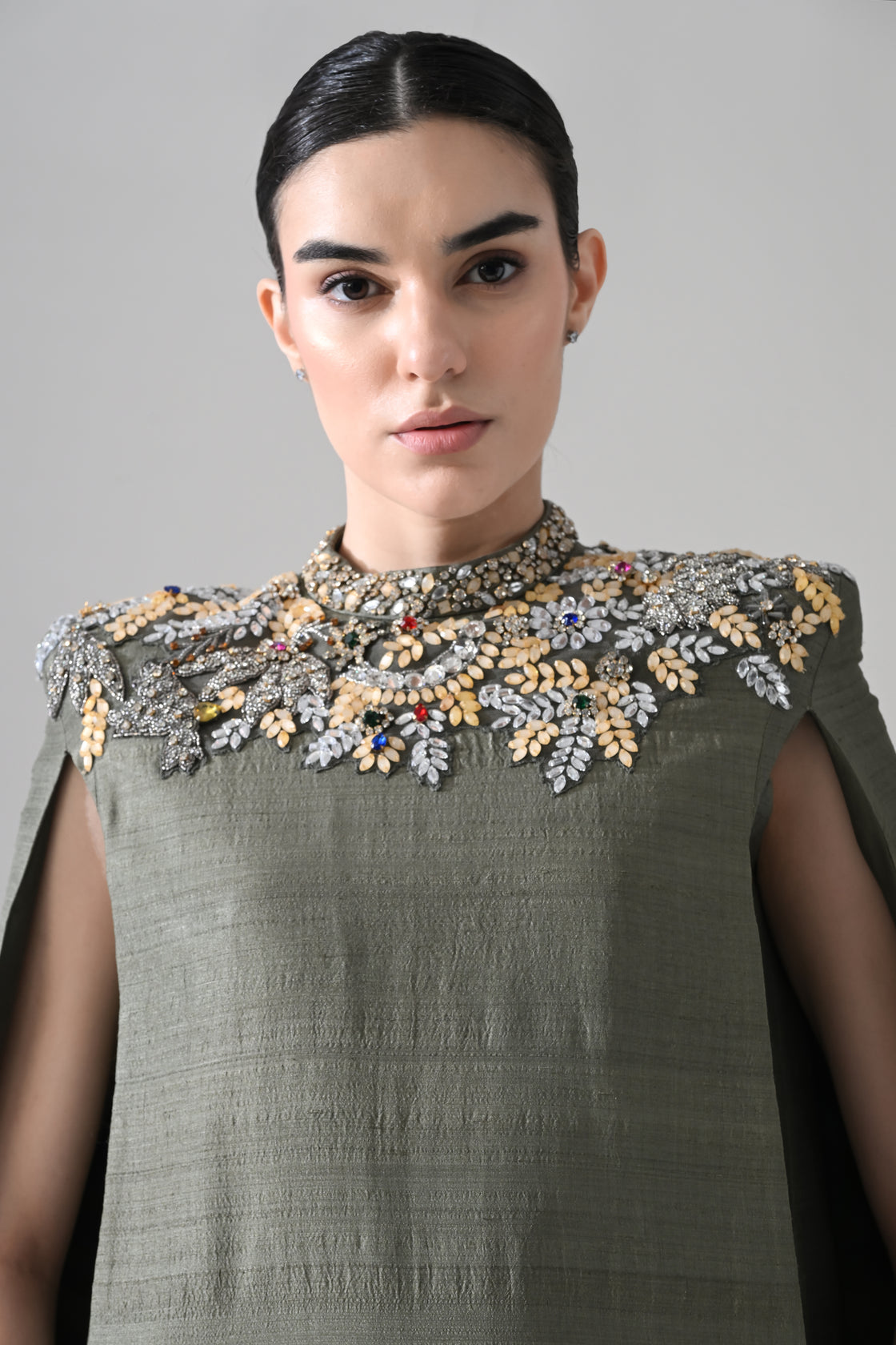 Olive Cape Dress with Hand-Embroidered Neckline and Hem