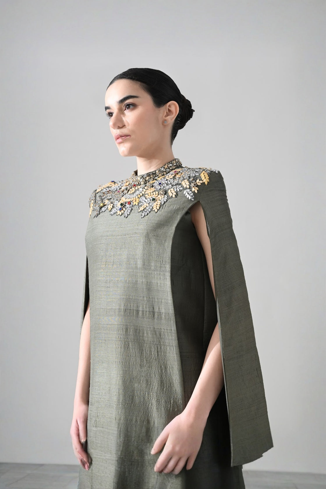 Grey Cape Dress With Hand-Embroidered Detail On Neckline And Hemline