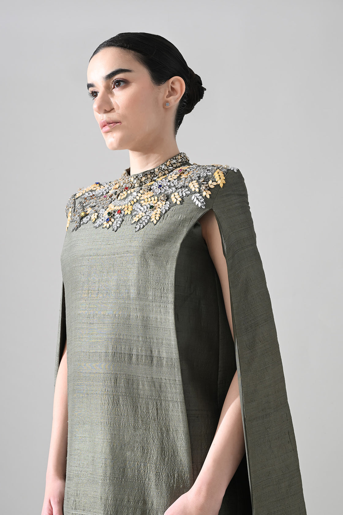 Grey Cape Dress With Hand-Embroidered Detail On Neckline And Hemline