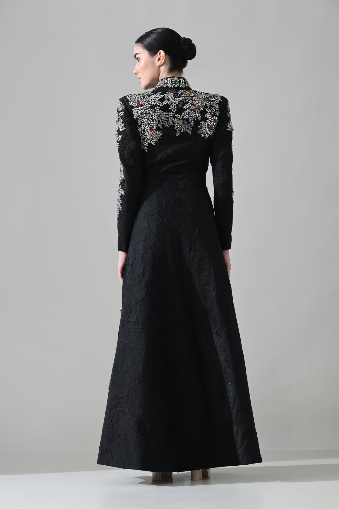 Noir Gown with Hand-Embroidered Florals