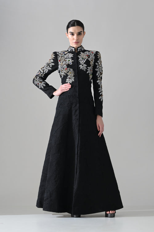 Noir Gown with Hand-Embroidered Florals
