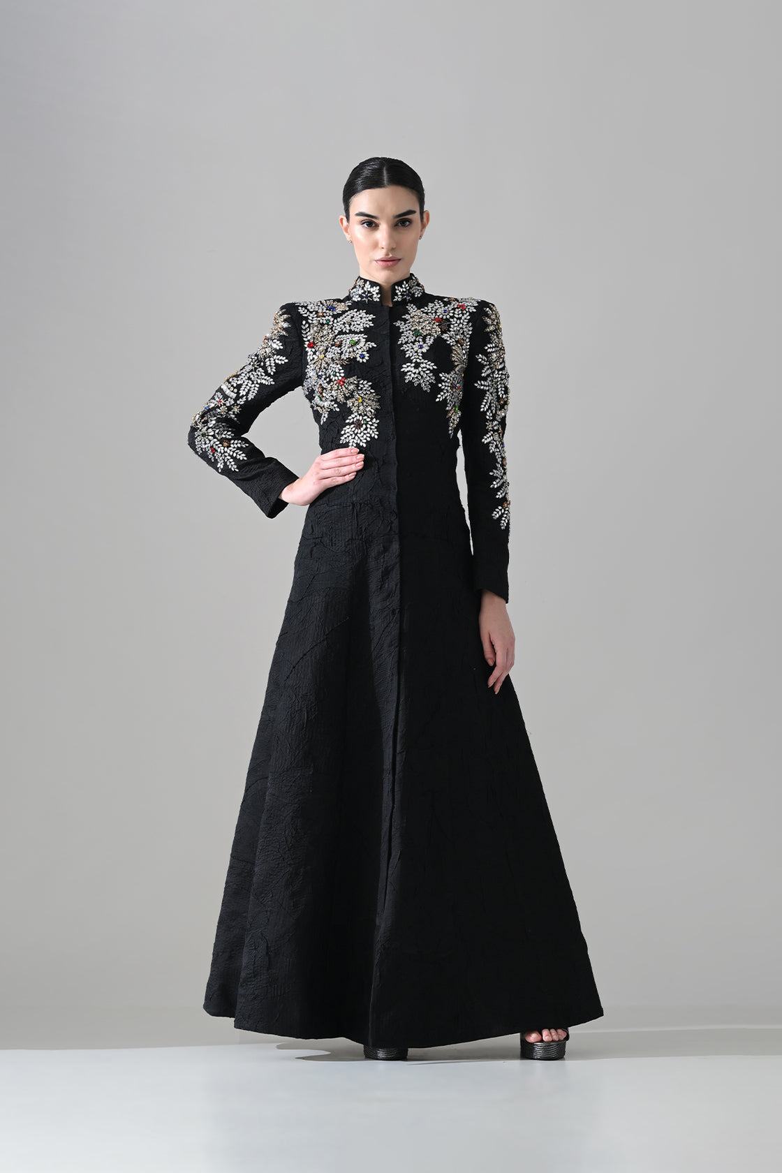 Noir Black Gown With Floral Embroidered Detail