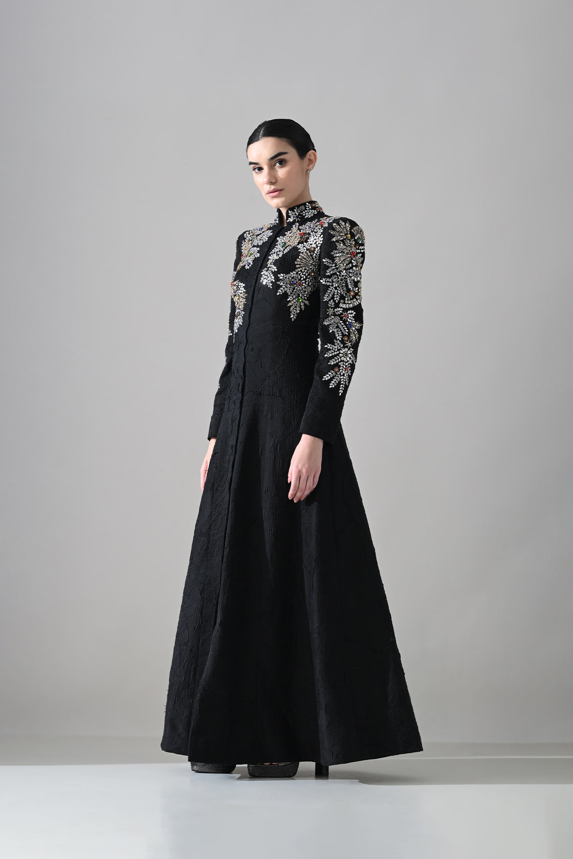 Noir Black Gown With Floral Embroidered Detail