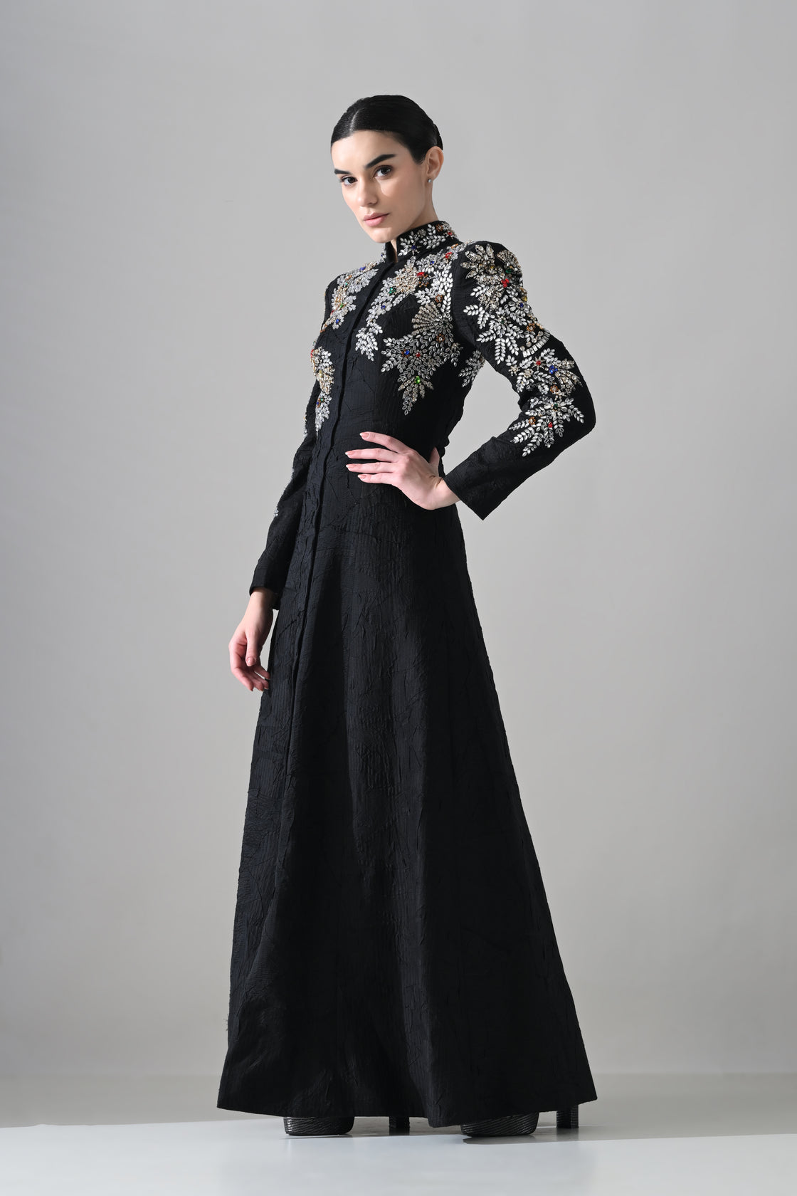 Noir Gown with Hand-Embroidered Florals