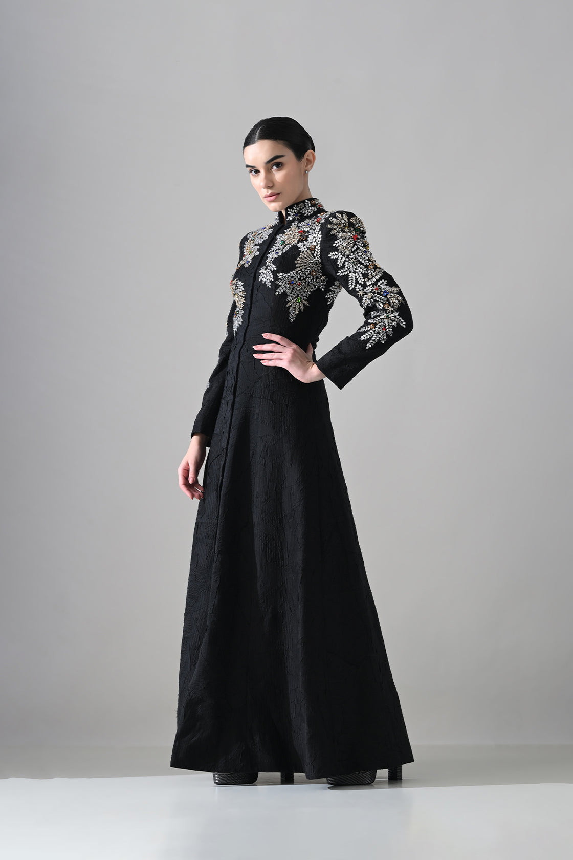 Noir Black Gown With Floral Embroidered Detail