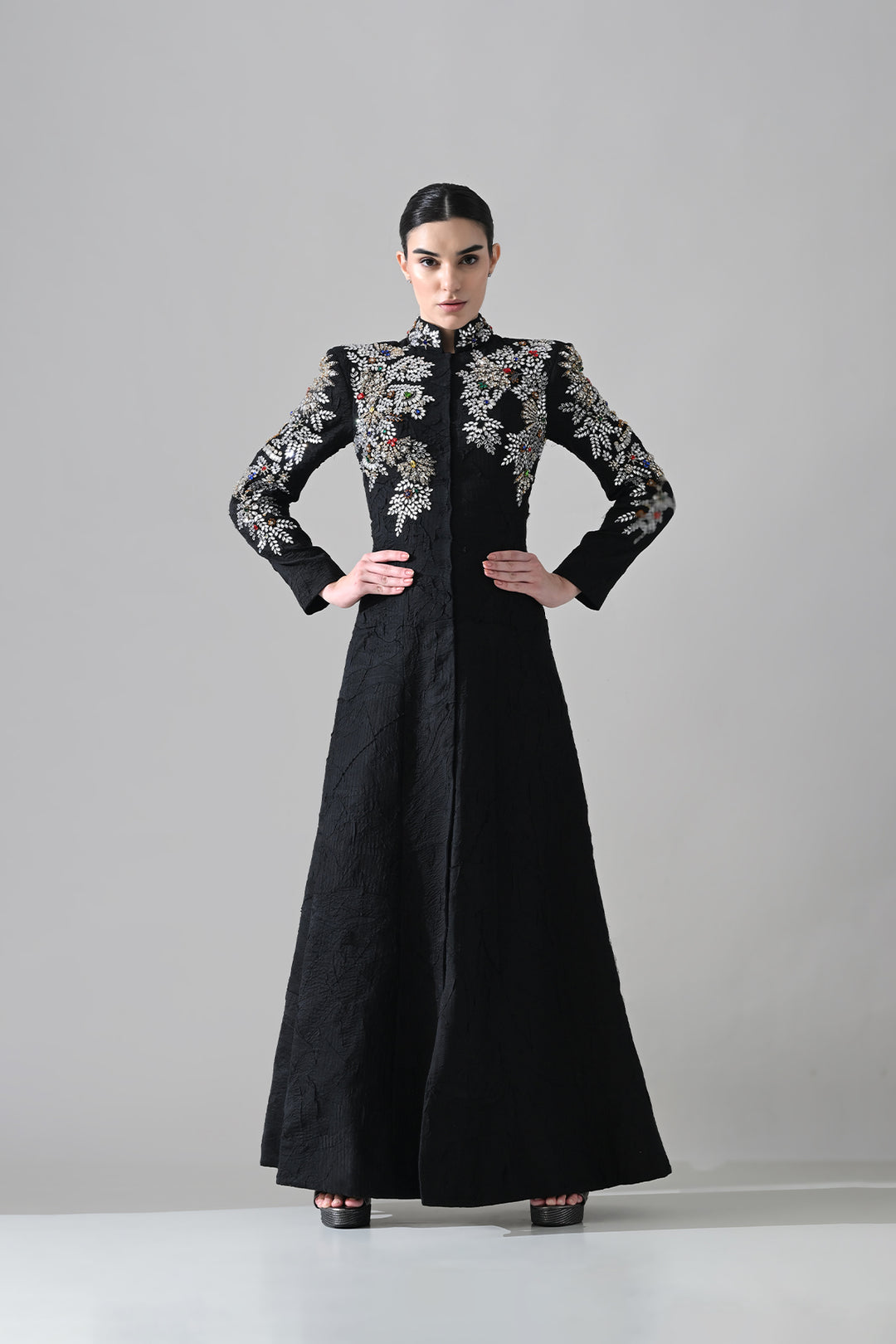 Noir Black Gown With Floral Embroidered Detail