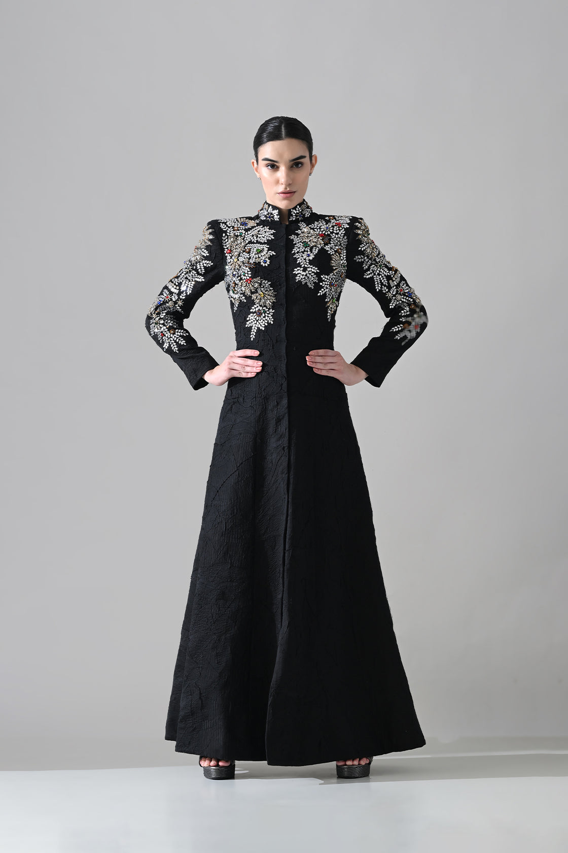 Noir Black Gown With Floral Embroidered Detail