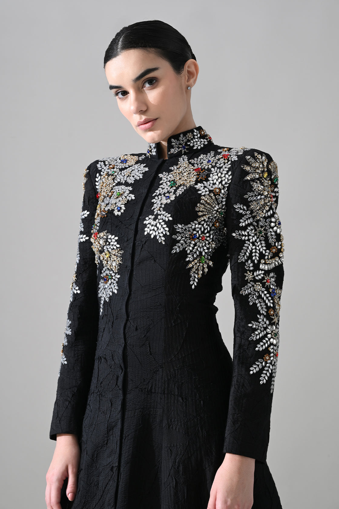 Noir Black Gown With Floral Embroidered Detail
