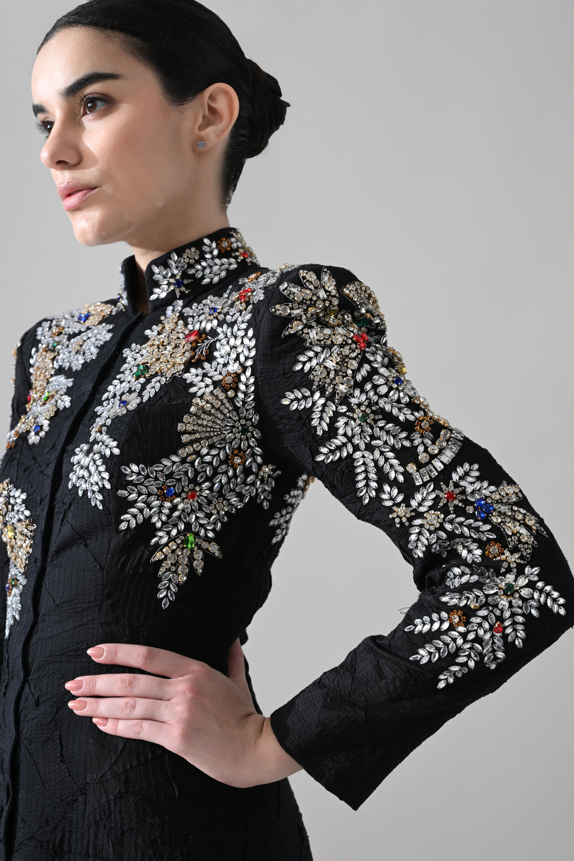 Noir Gown with Hand-Embroidered Florals