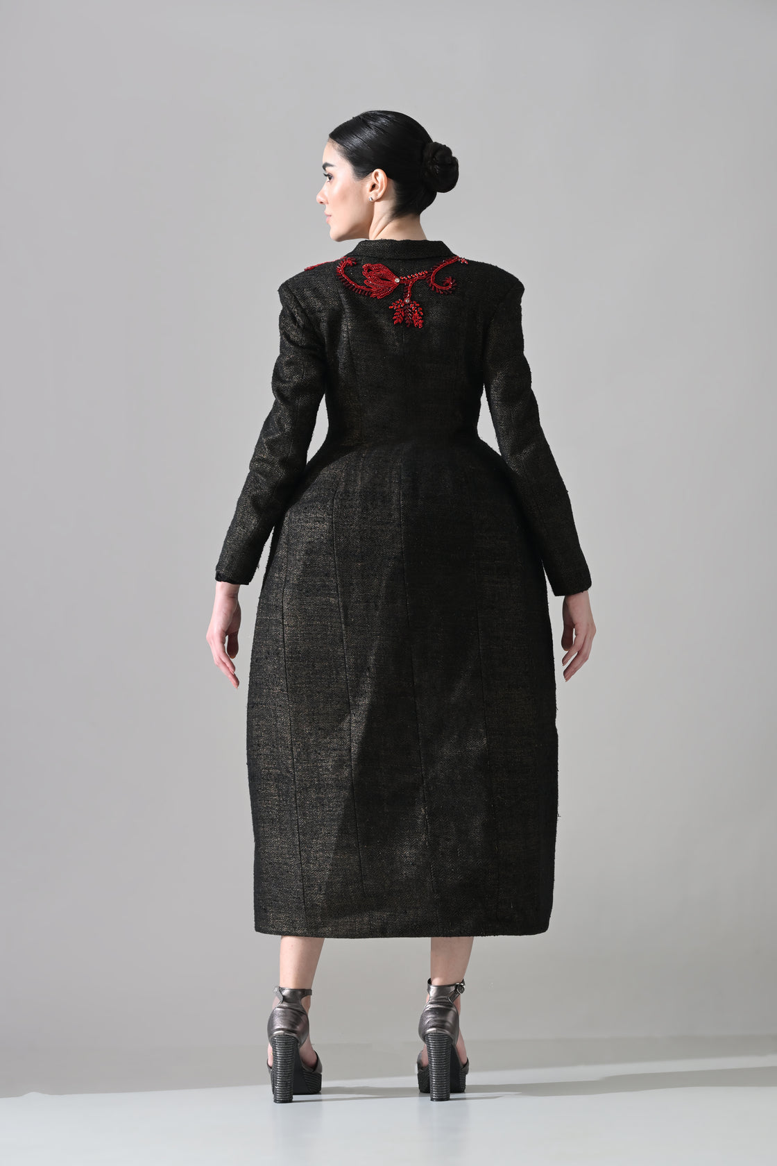 Midnight Black Structured Coat Dress with Crimson Embroidery