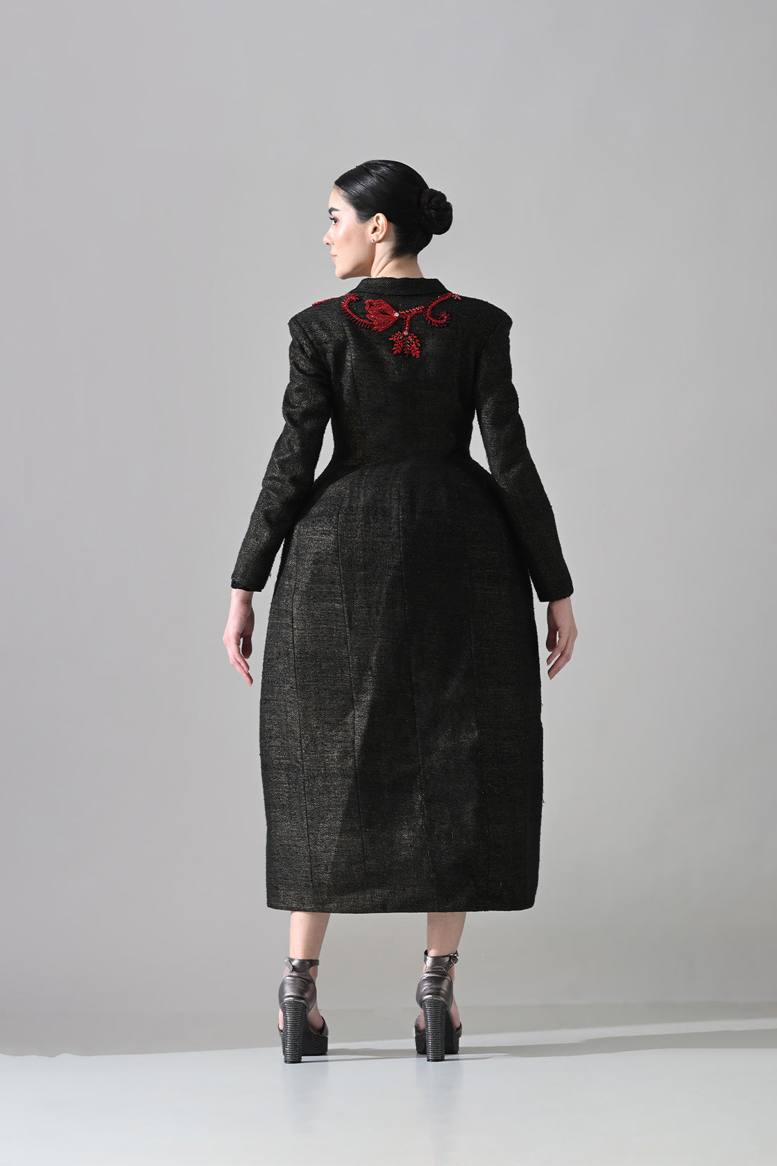 Midnight Black Structured Coat Dress With Contrasting Color Embroidery