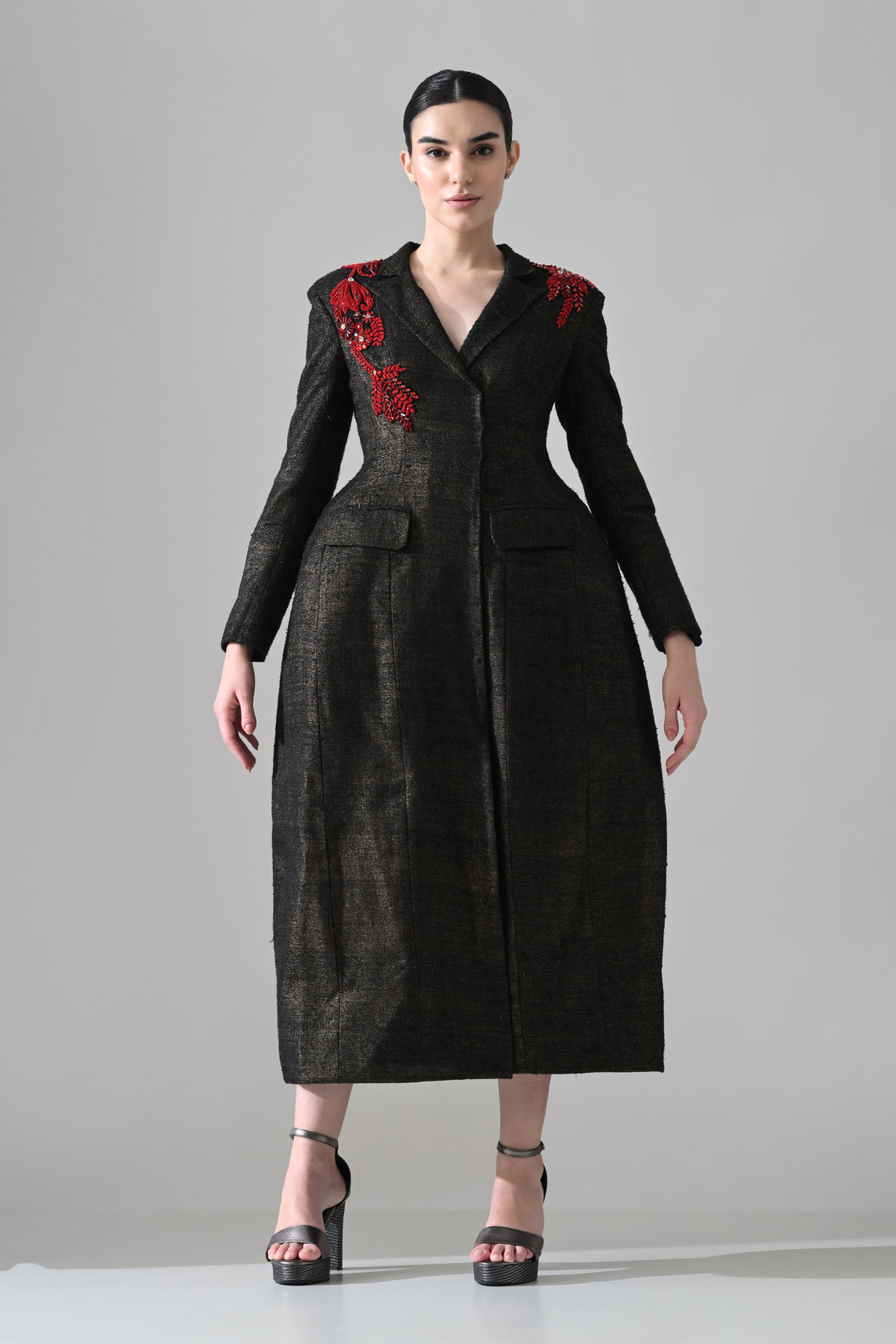 Midnight Black Structured Coat Dress with Crimson Embroidery