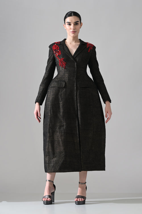 Midnight Black Structured Coat Dress with Crimson Embroidery