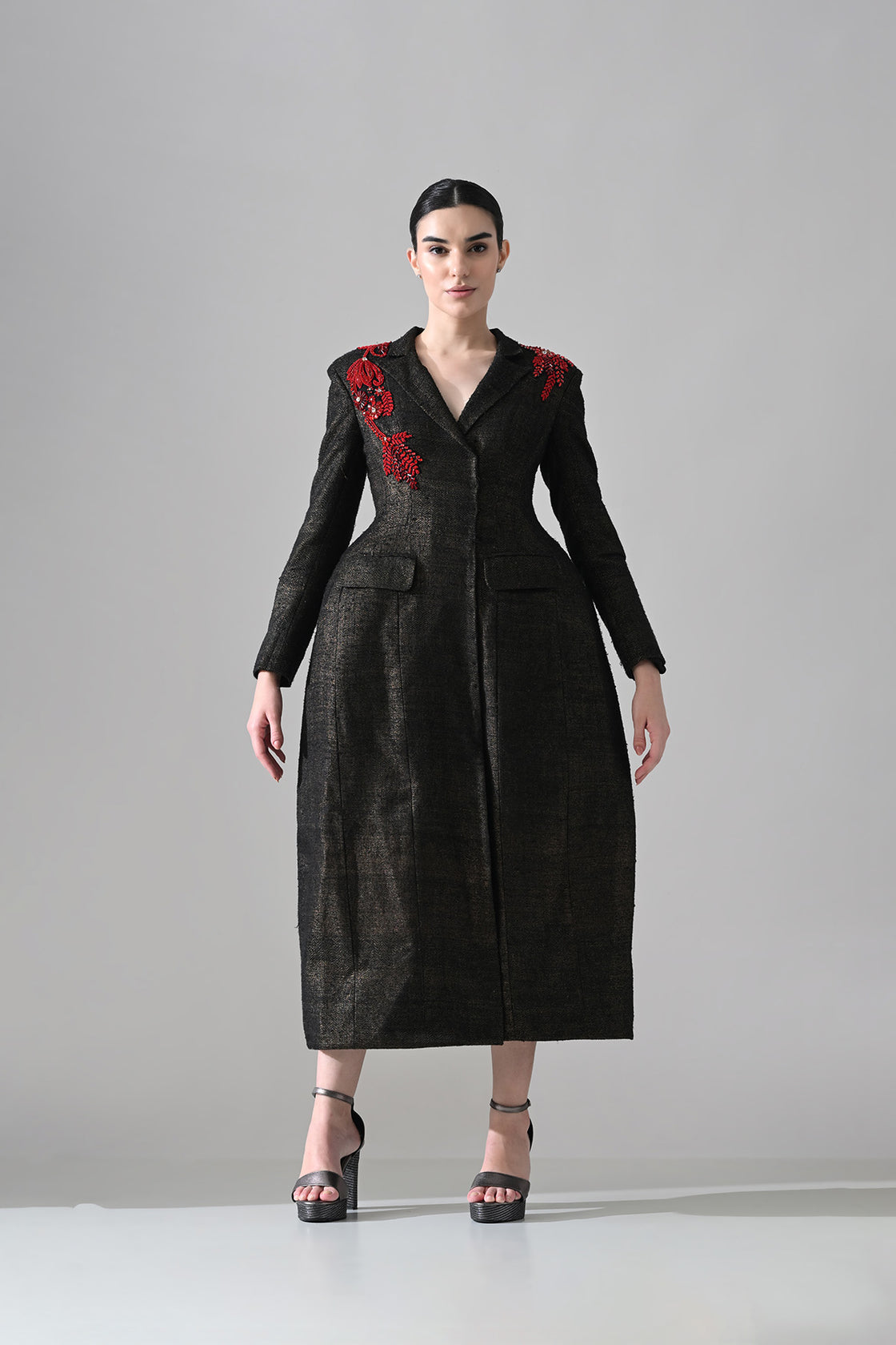 Midnight Black Structured Coat Dress With Contrasting Color Embroidery