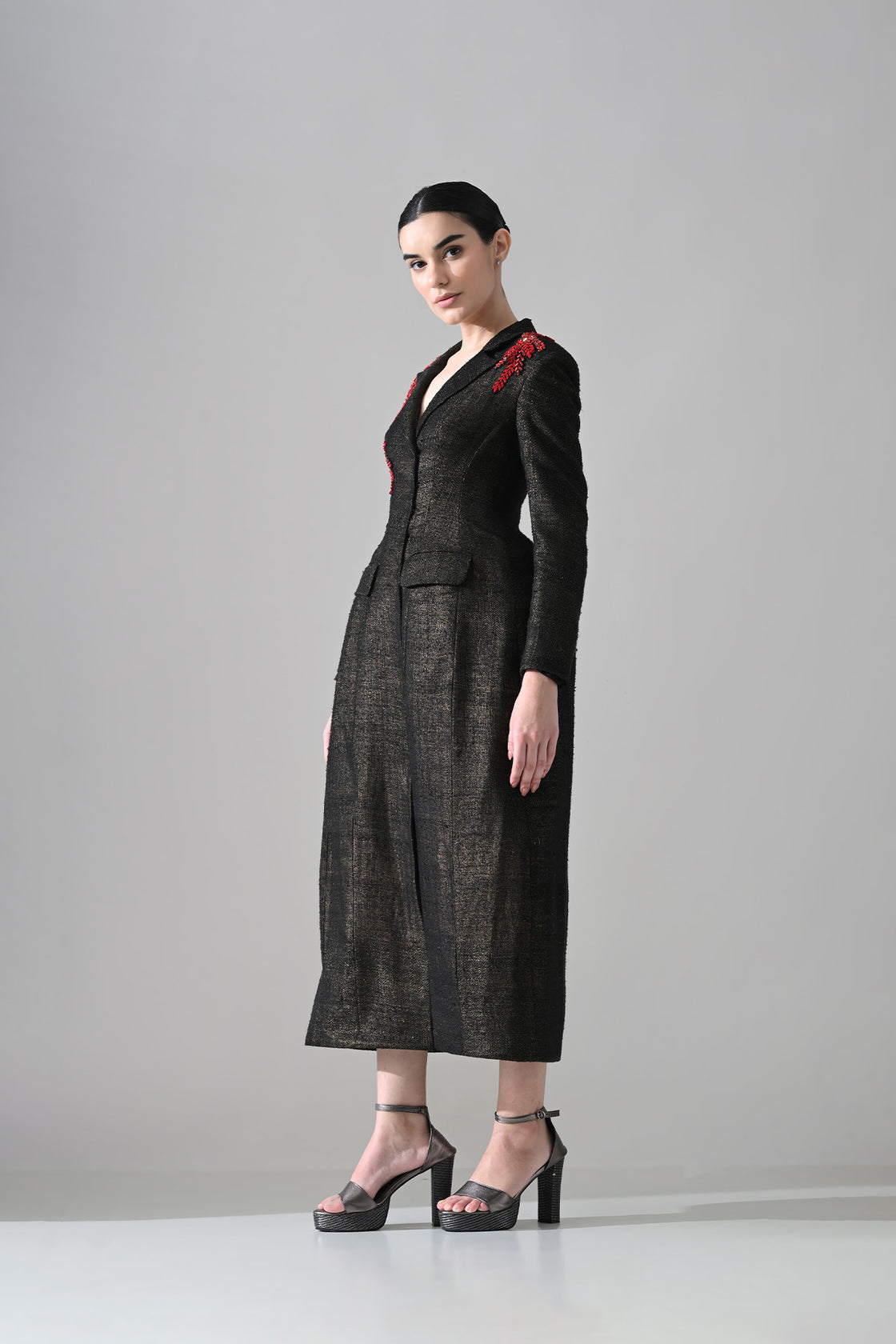 Midnight Black Structured Coat Dress With Contrasting Color Embroidery