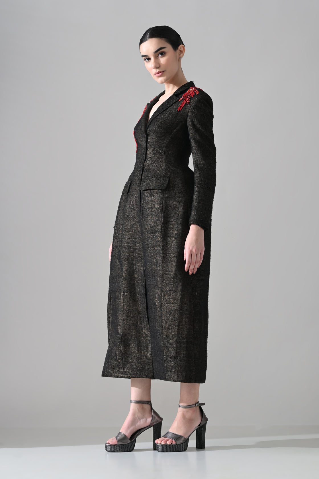 Midnight Black Structured Coat Dress with Crimson Embroidery
