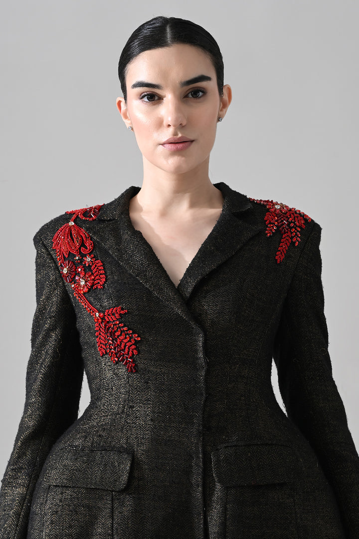 Midnight Black Structured Coat Dress With Contrasting Color Embroidery