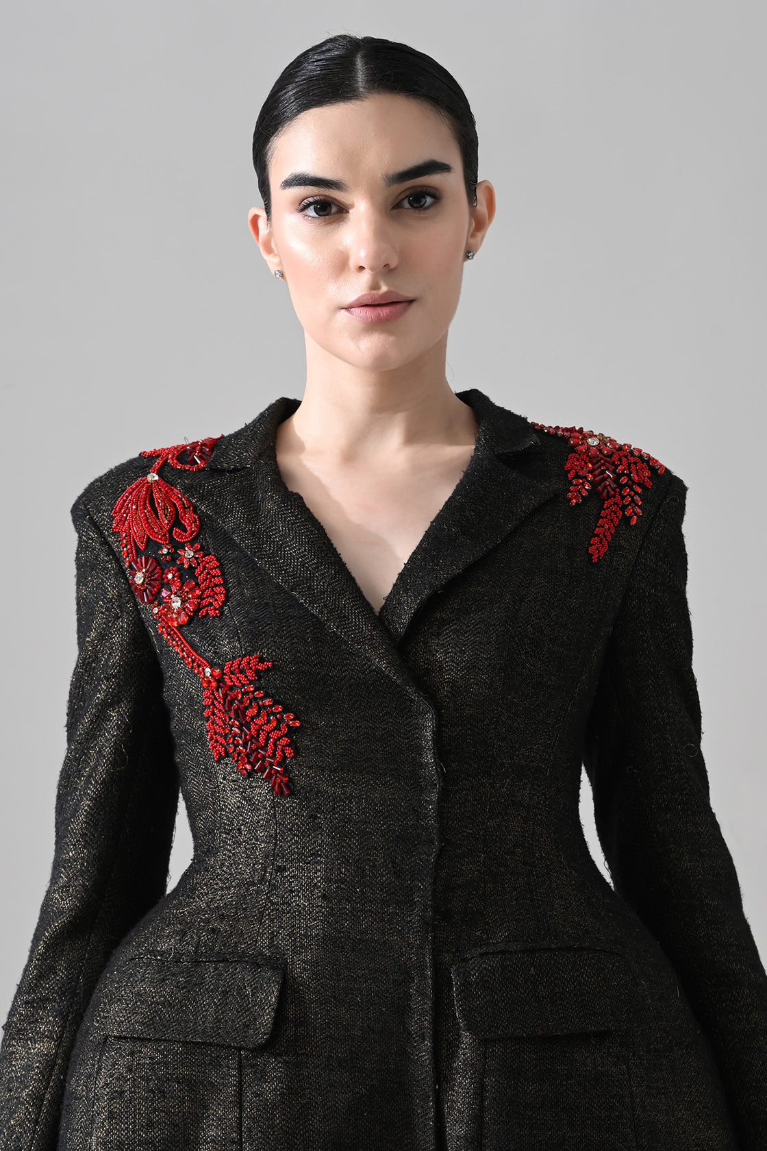 Midnight Black Structured Coat Dress With Contrasting Color Embroidery