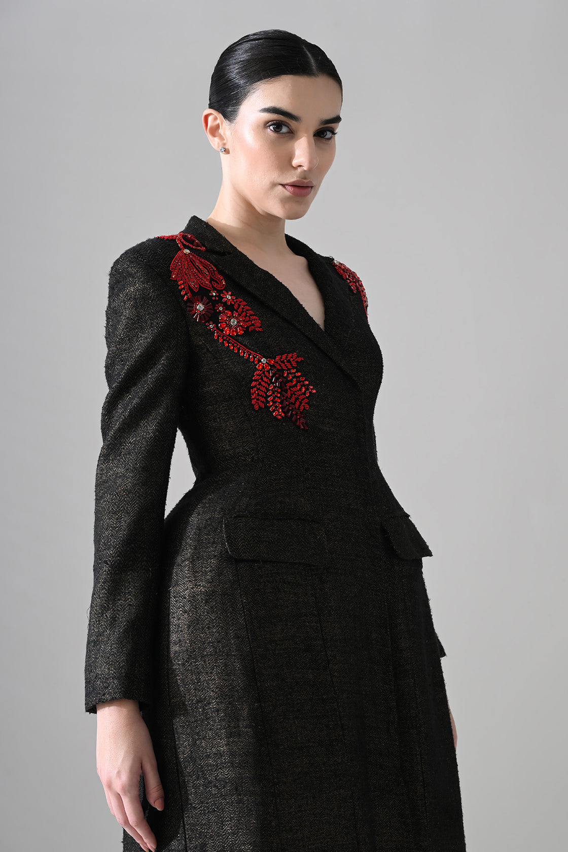 Midnight Black Structured Coat Dress With Contrasting Color Embroidery