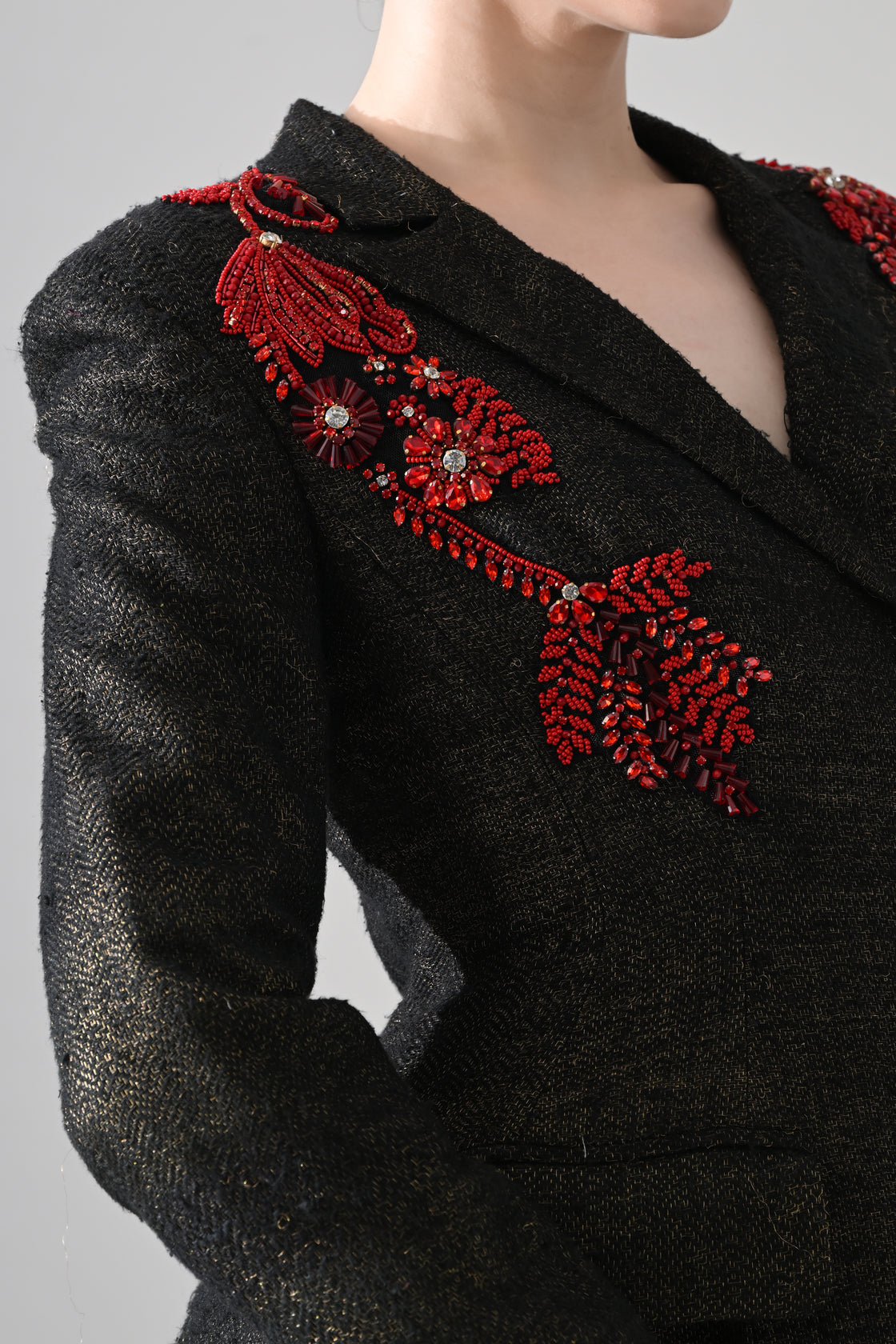 Midnight Black Structured Coat Dress with Crimson Embroidery