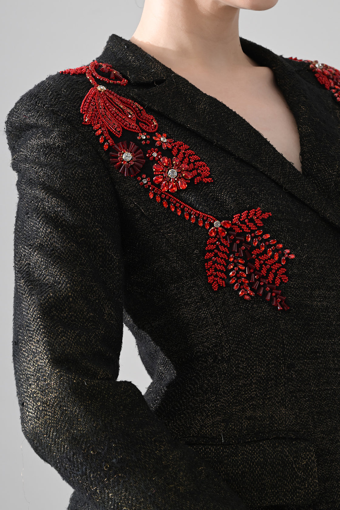 Midnight Black Structured Coat Dress With Contrasting Color Embroidery