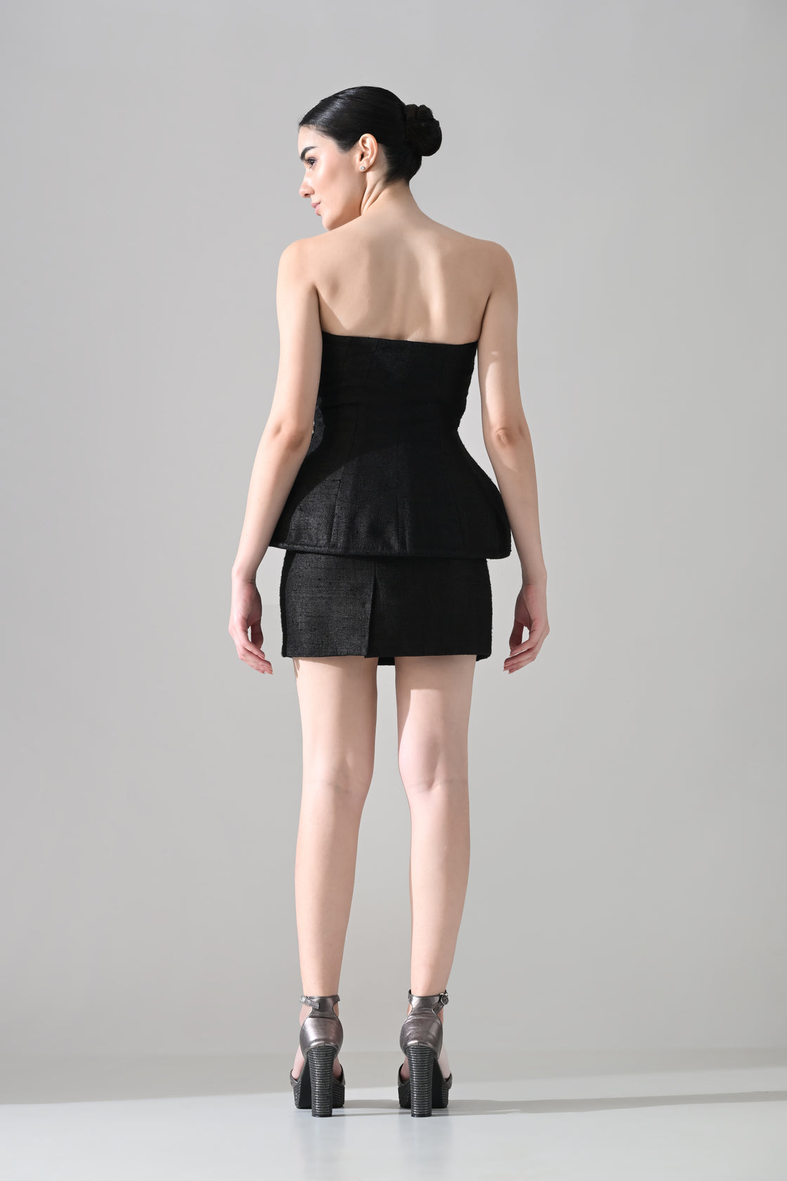 Midnight Strapless Peplum Dress with Jewel Embellishment
