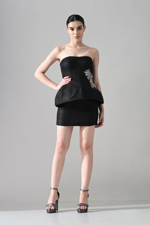 Midnight Strapless Peplum Dress with Jewel Embellishment