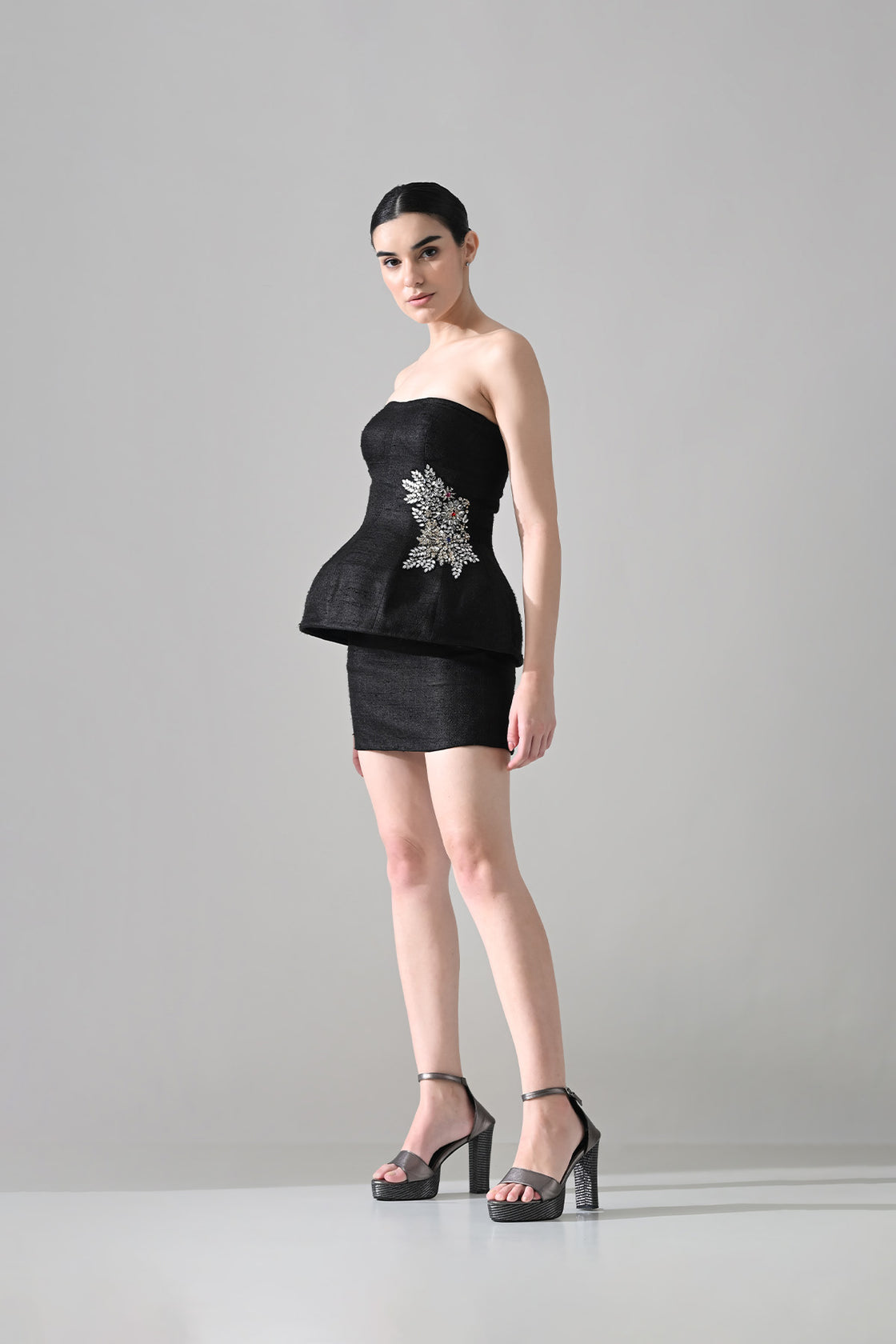 Midnight Strapless Peplum Dress With Jewel Embellishment