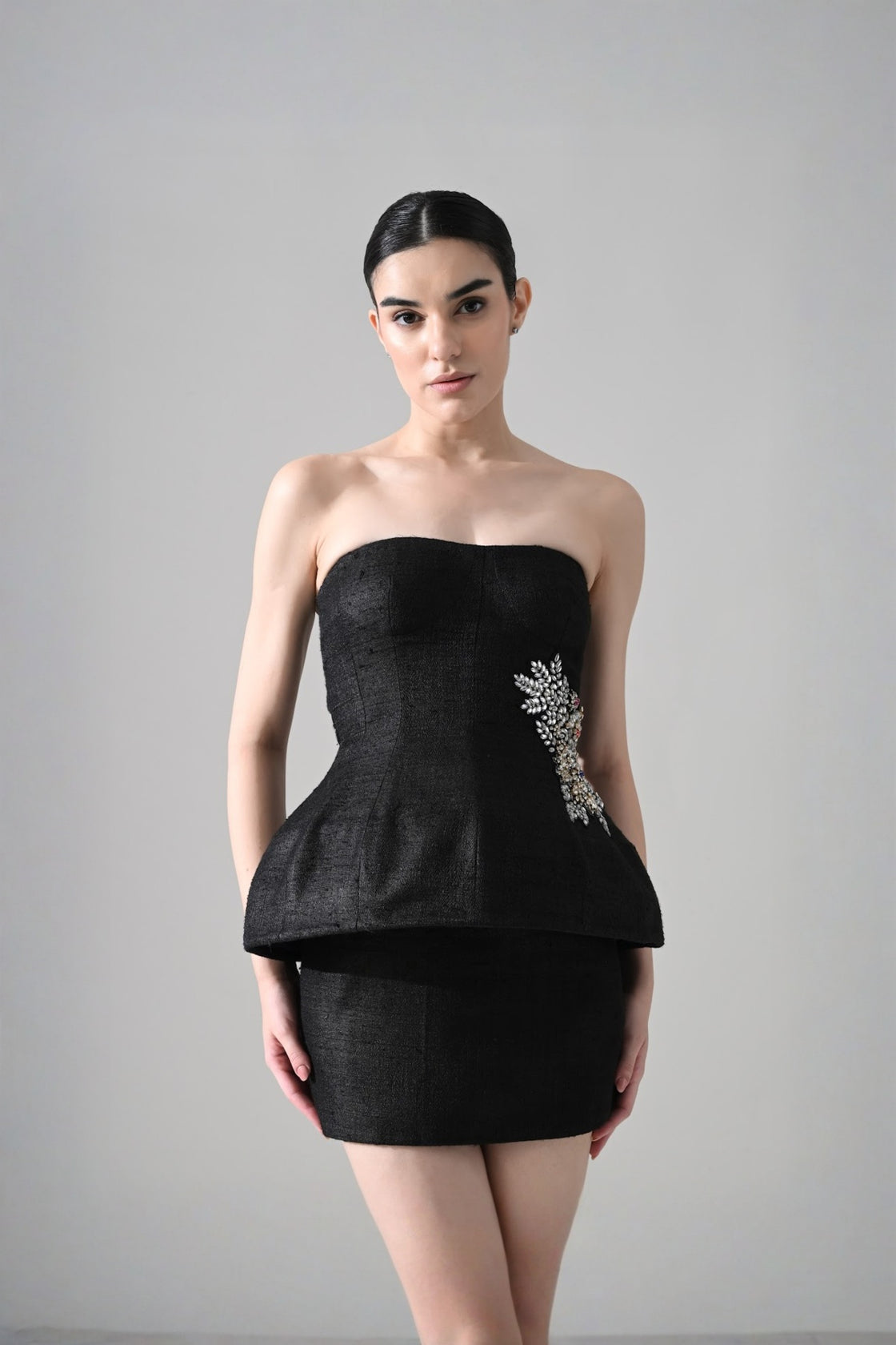 Midnight Strapless Peplum Dress With Jewel Embellishment
