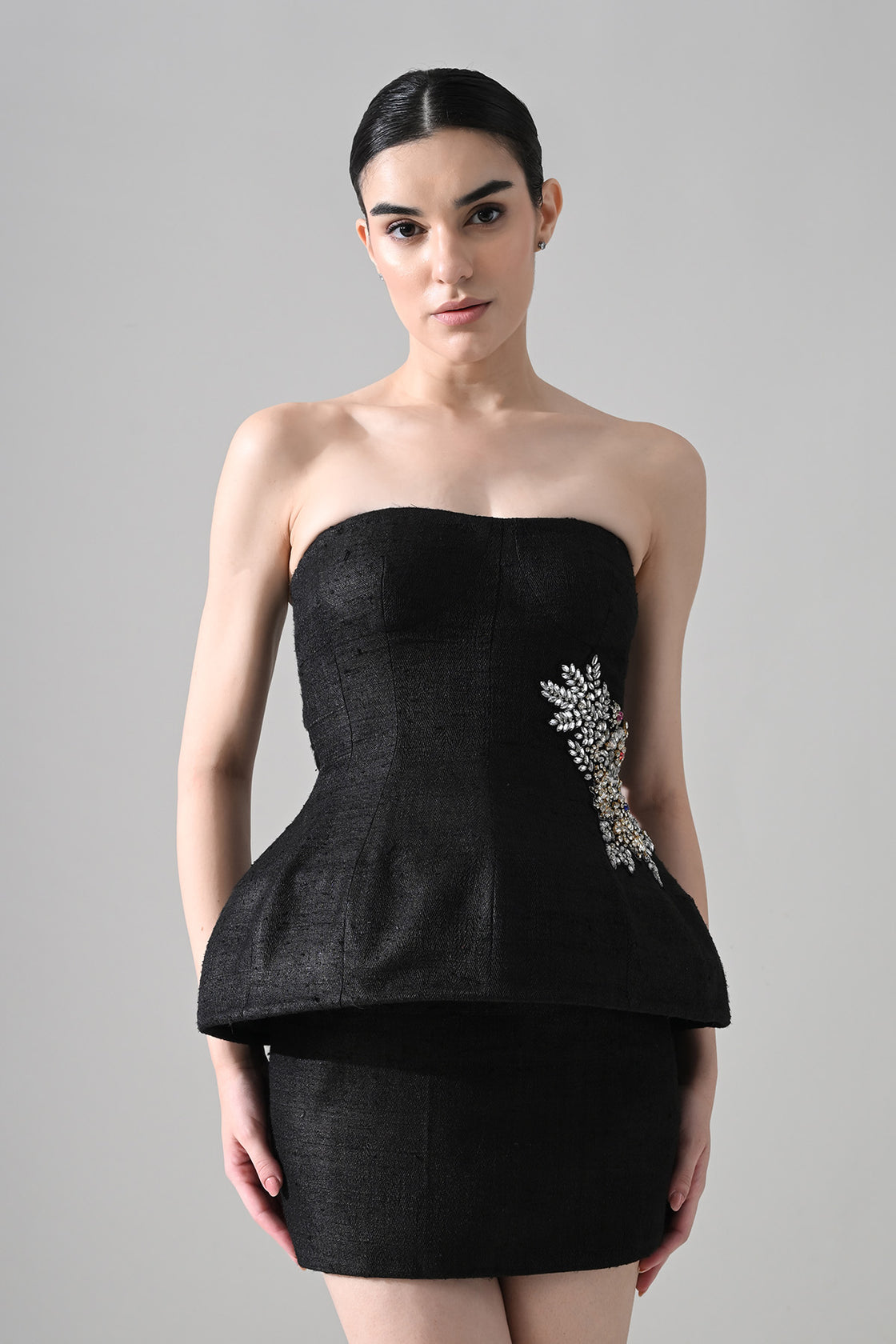 Midnight Strapless Peplum Dress With Jewel Embellishment