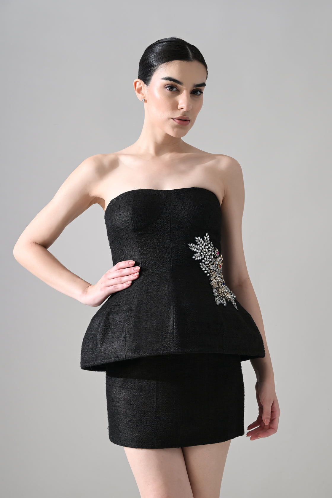 Midnight Strapless Peplum Dress with Jewel Embellishment