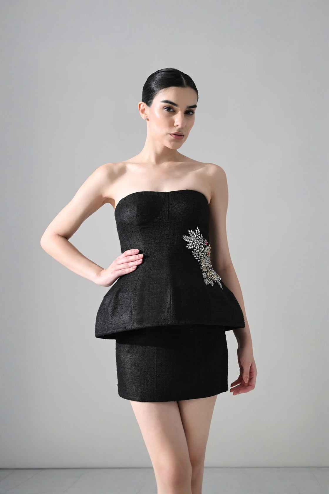 Midnight Strapless Peplum Dress With Jewel Embellishment
