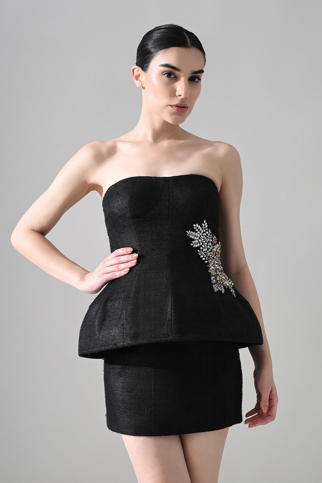 Midnight Strapless Peplum Dress With Jewel Embellishment