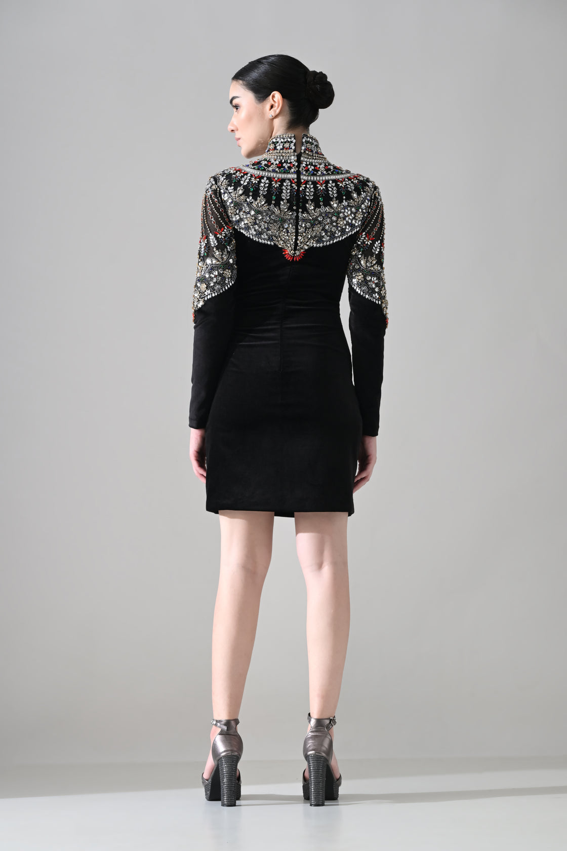 Black High-Neck Mini Dress with Hand-Embroidered Jeweled Yoke