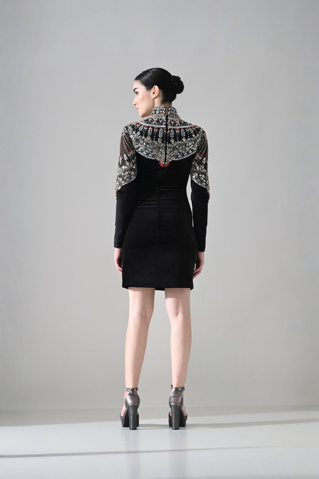 Black High-Neck Short Dress With  Jeweled Embroidered Yoke Detail