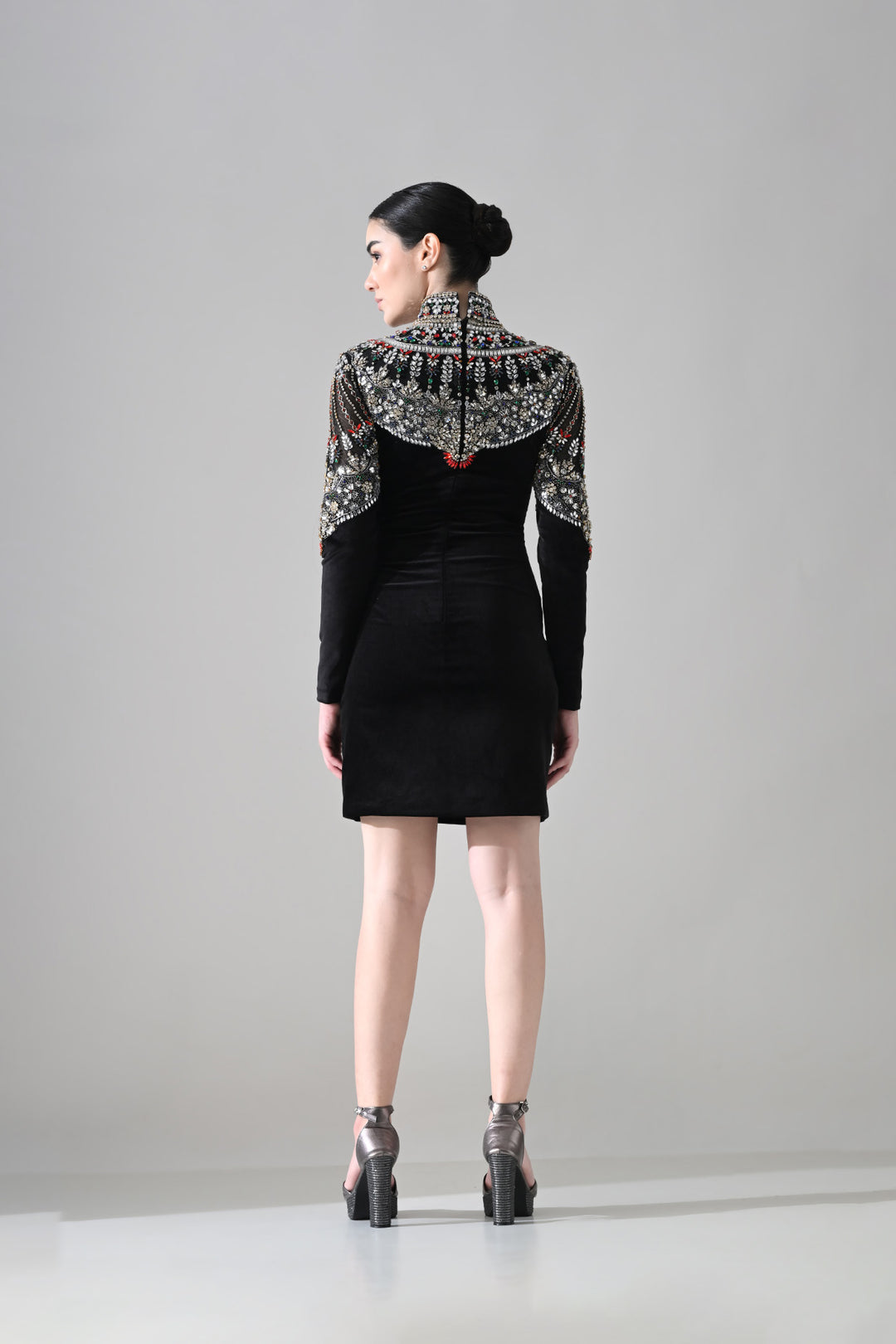 Black High-Neck Short Dress With  Jeweled Embroidered Yoke Detail