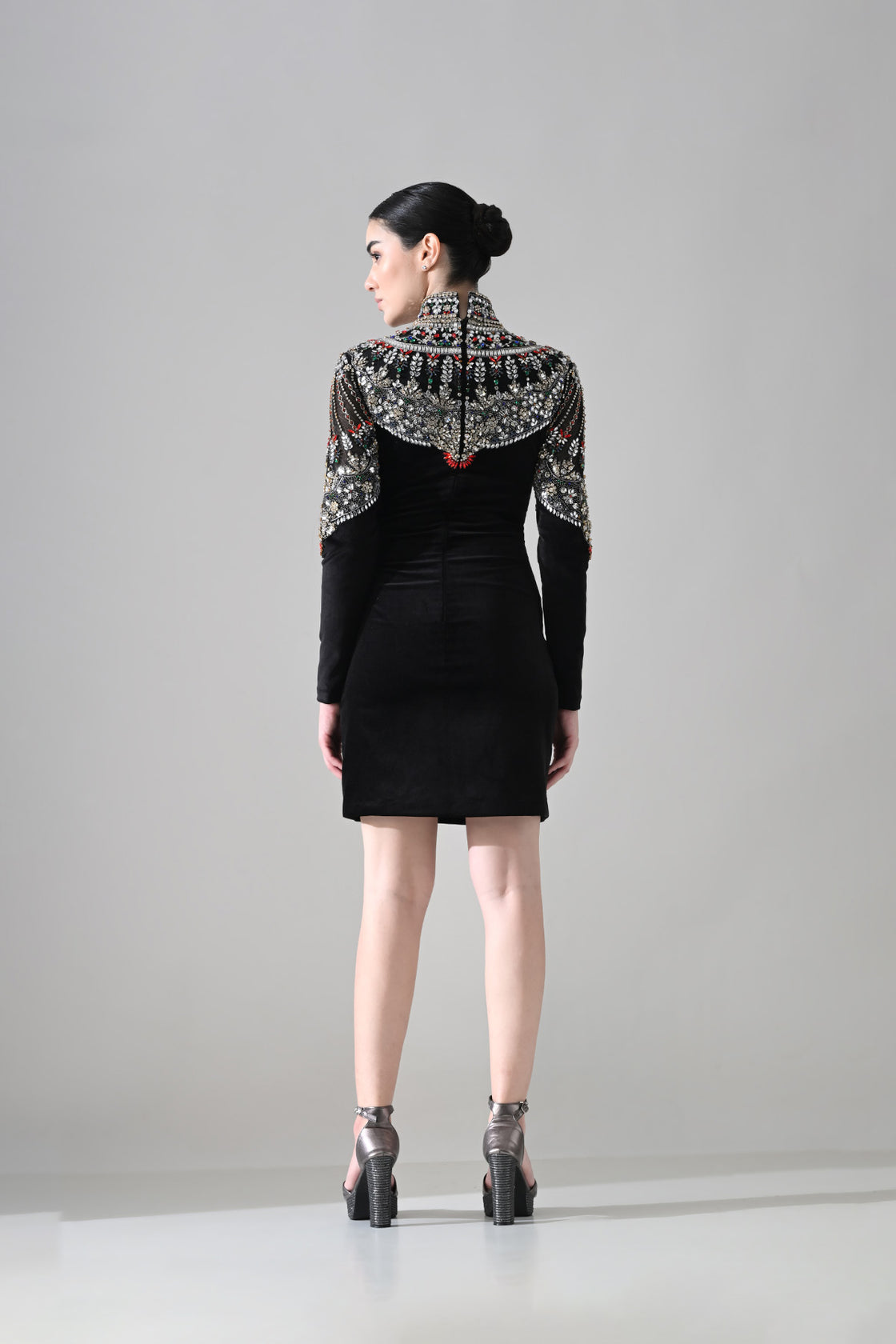 Black High-Neck Short Dress With  Jeweled Embroidered Yoke Detail