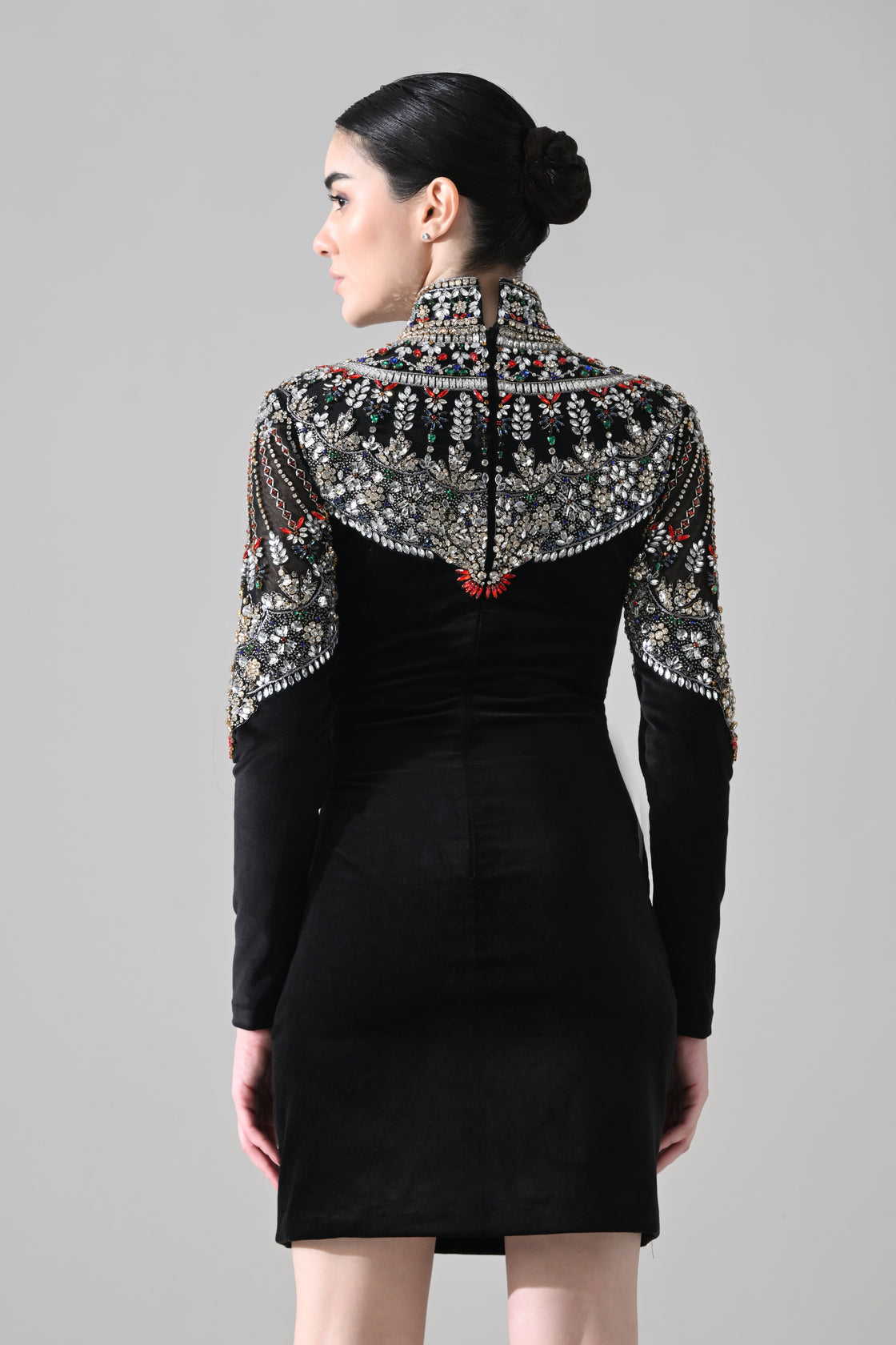 Black High-Neck Mini Dress with Hand-Embroidered Jeweled Yoke