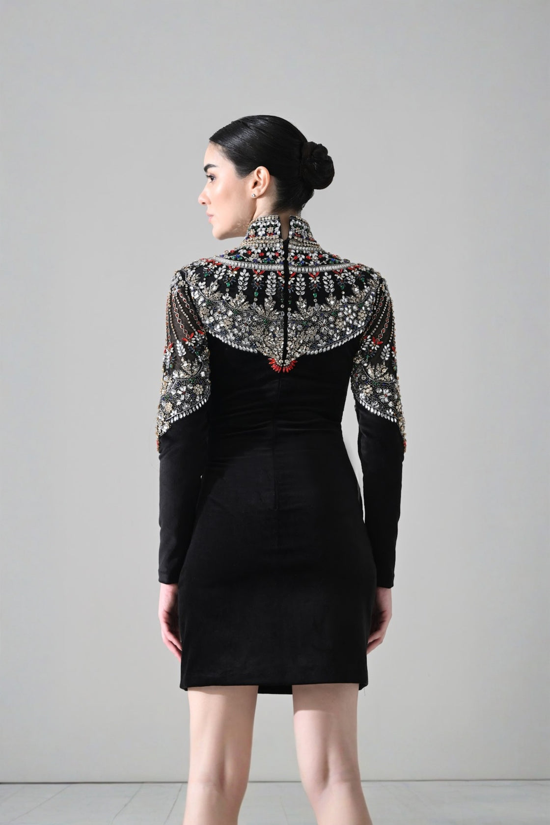 Black High-Neck Short Dress With  Jeweled Embroidered Yoke Detail