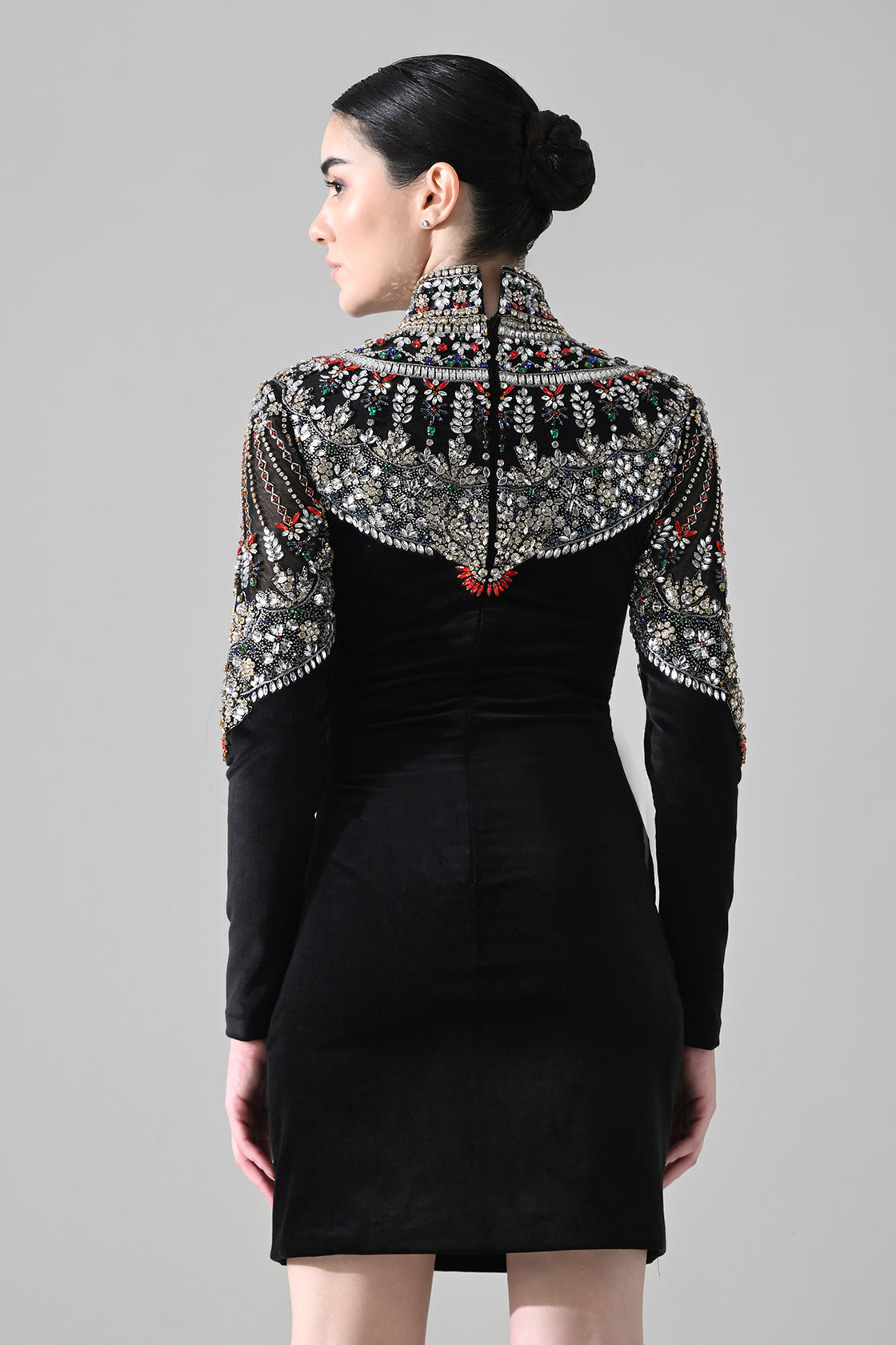Black High-Neck Short Dress With  Jeweled Embroidered Yoke Detail