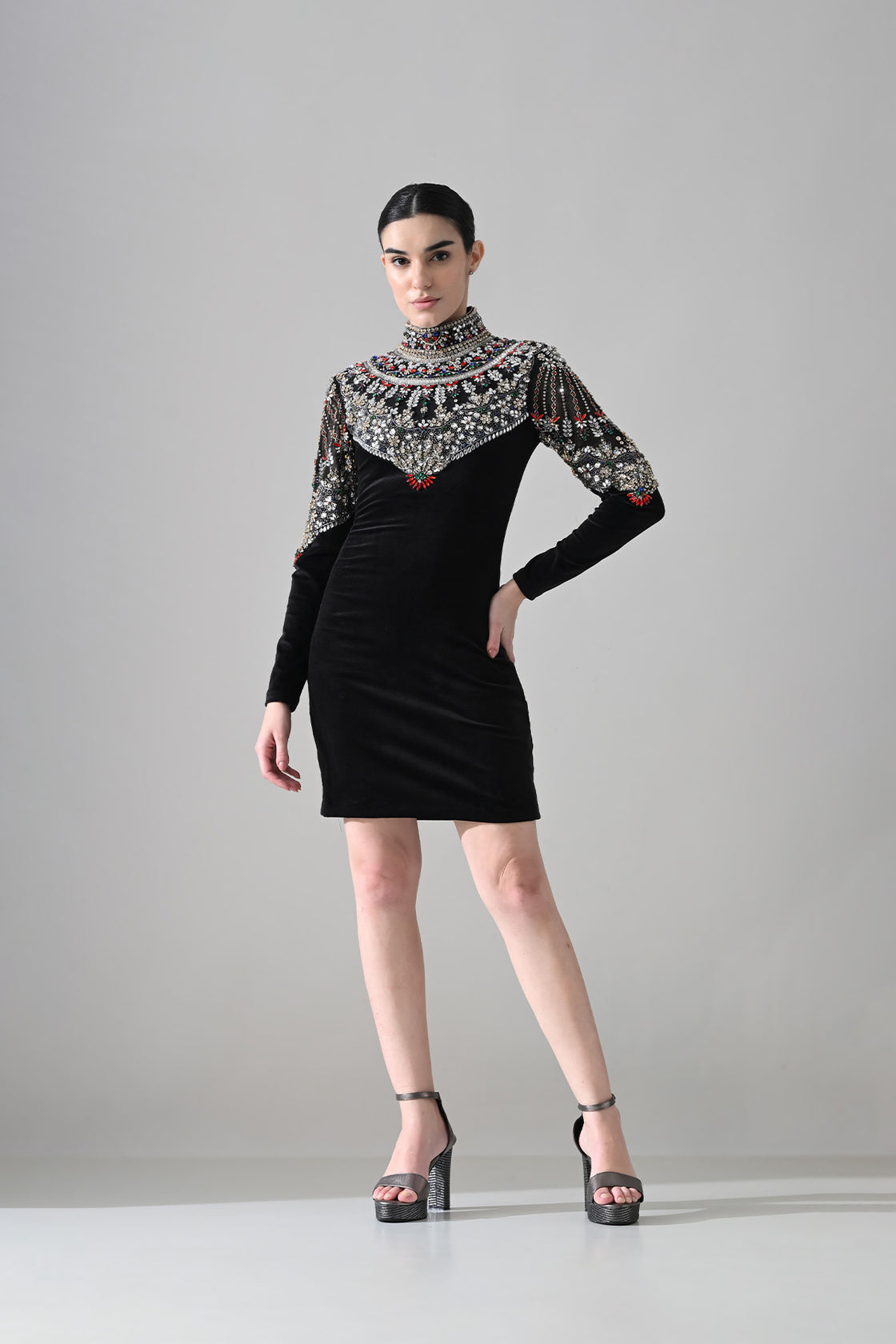 Black High-Neck Short Dress With  Jeweled Embroidered Yoke Detail