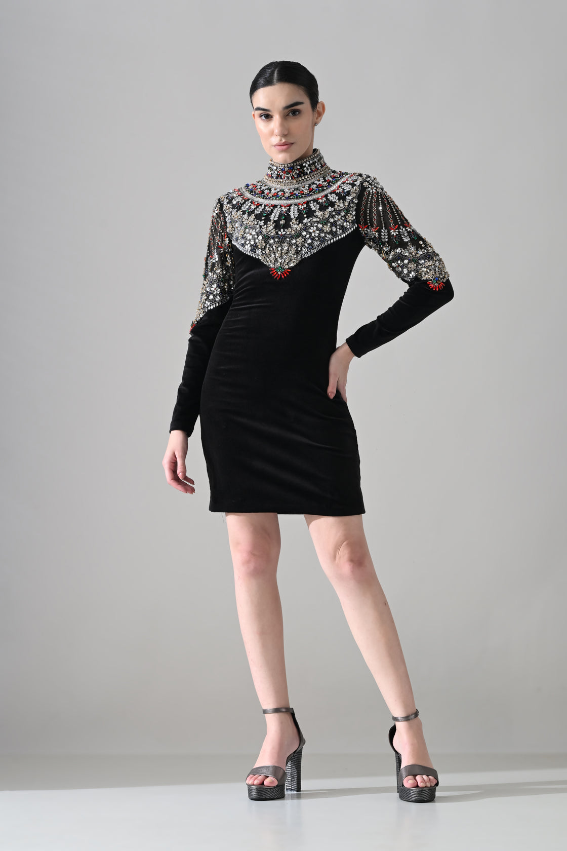 Black High-Neck Mini Dress with Hand-Embroidered Jeweled Yoke