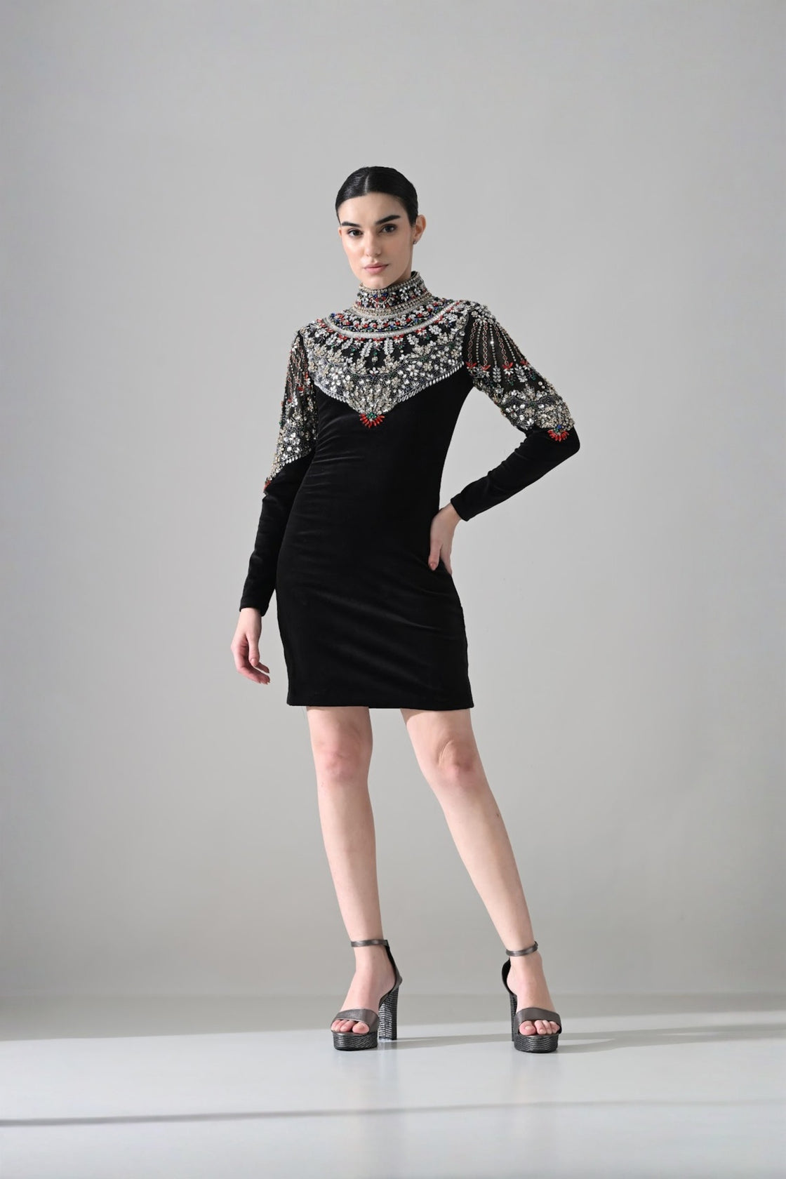 Black High-Neck Short Dress With  Jeweled Embroidered Yoke Detail