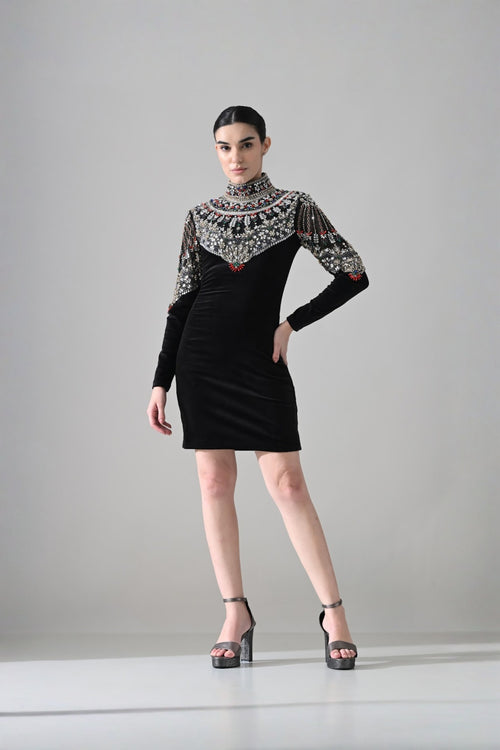 Black High-Neck Short Dress With  Jeweled Embroidered Yoke Detail