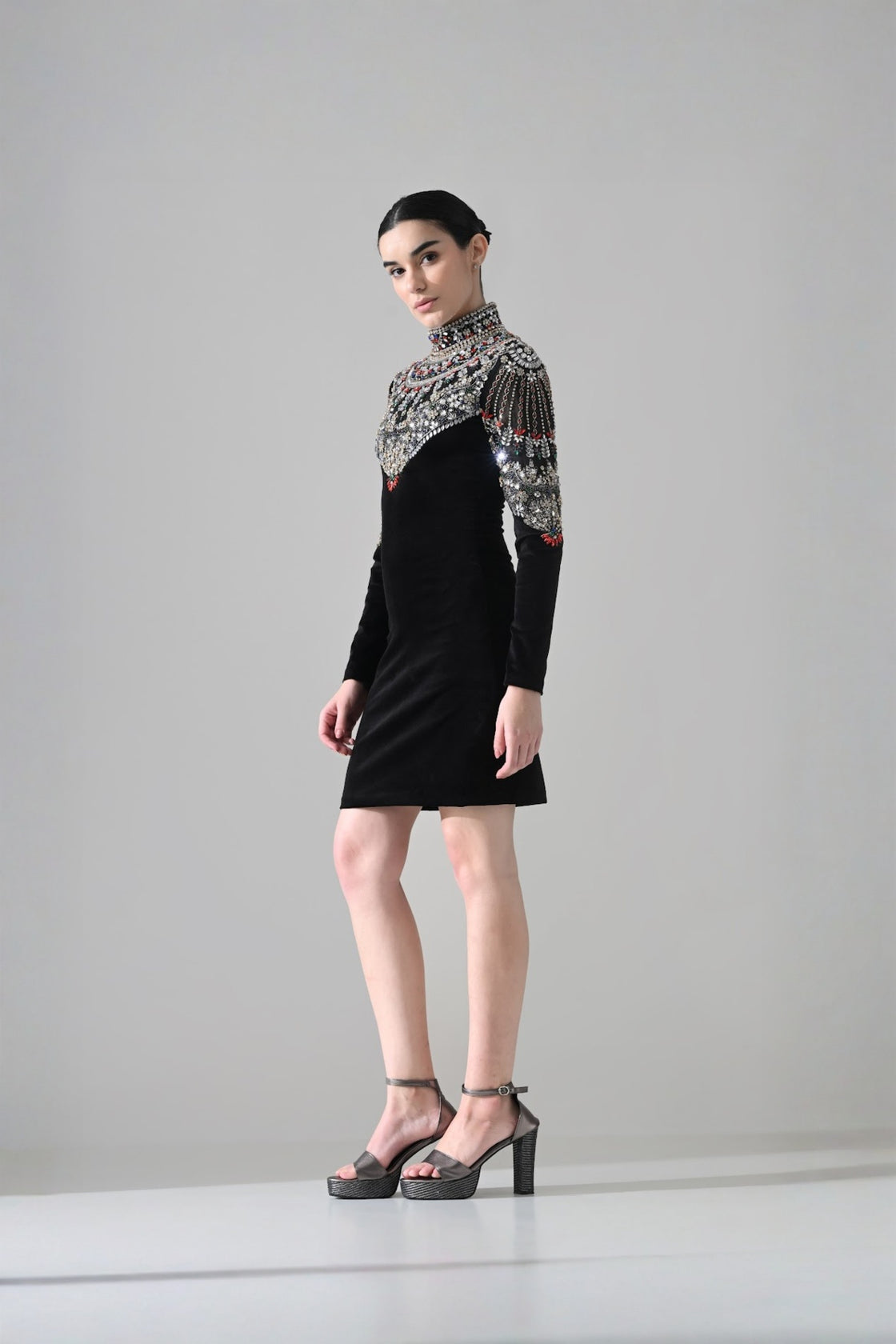 Black High-Neck Short Dress With  Jeweled Embroidered Yoke Detail