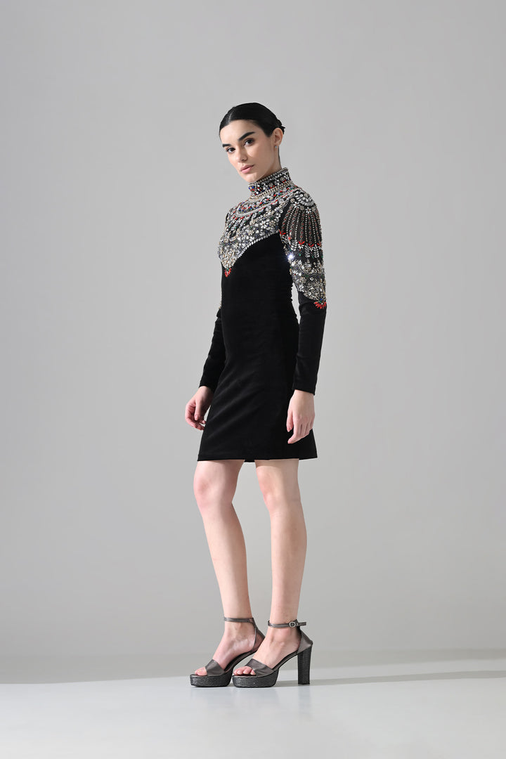 Black High-Neck Short Dress With  Jeweled Embroidered Yoke Detail