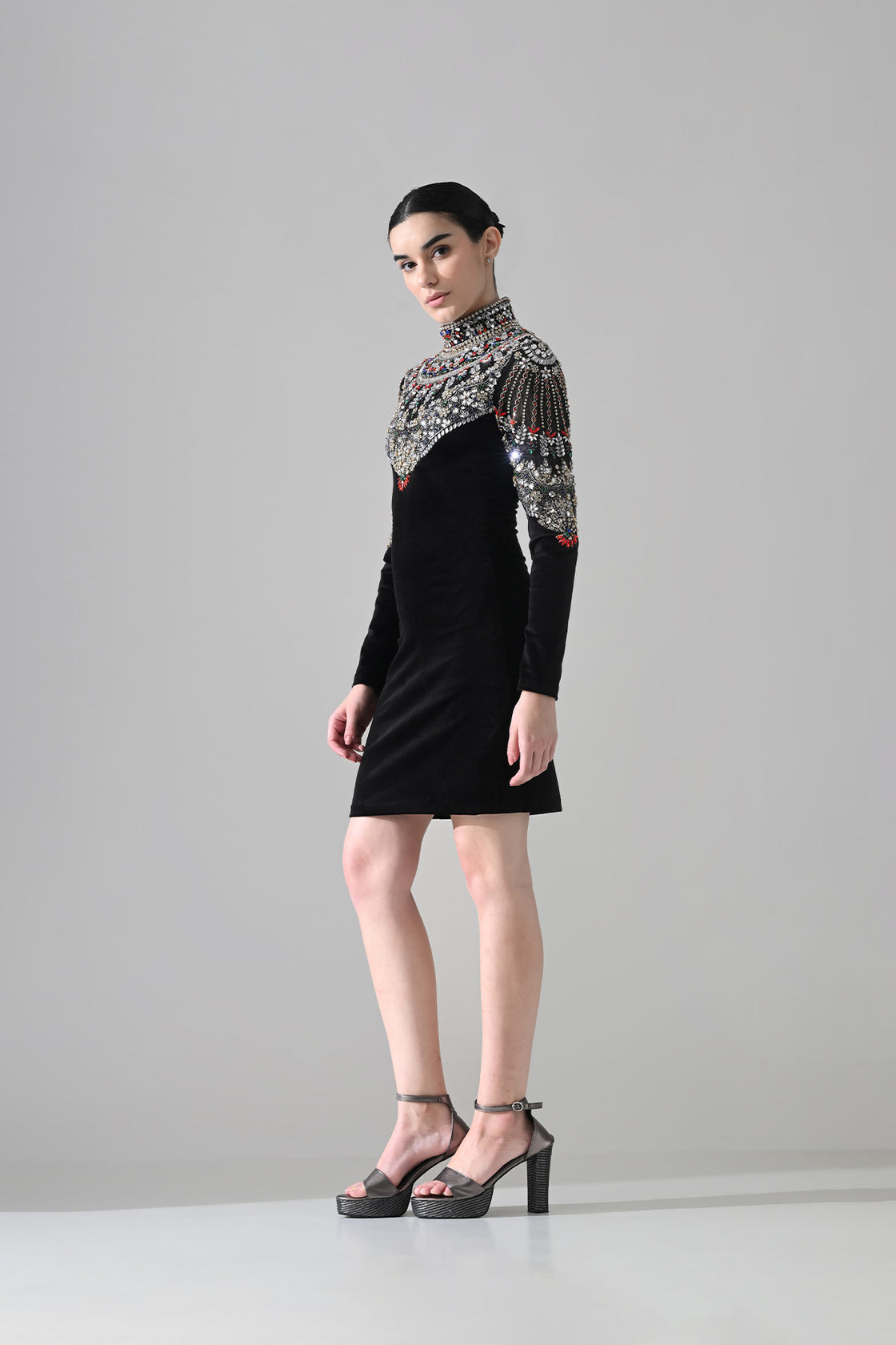 Black High-Neck Short Dress With  Jeweled Embroidered Yoke Detail