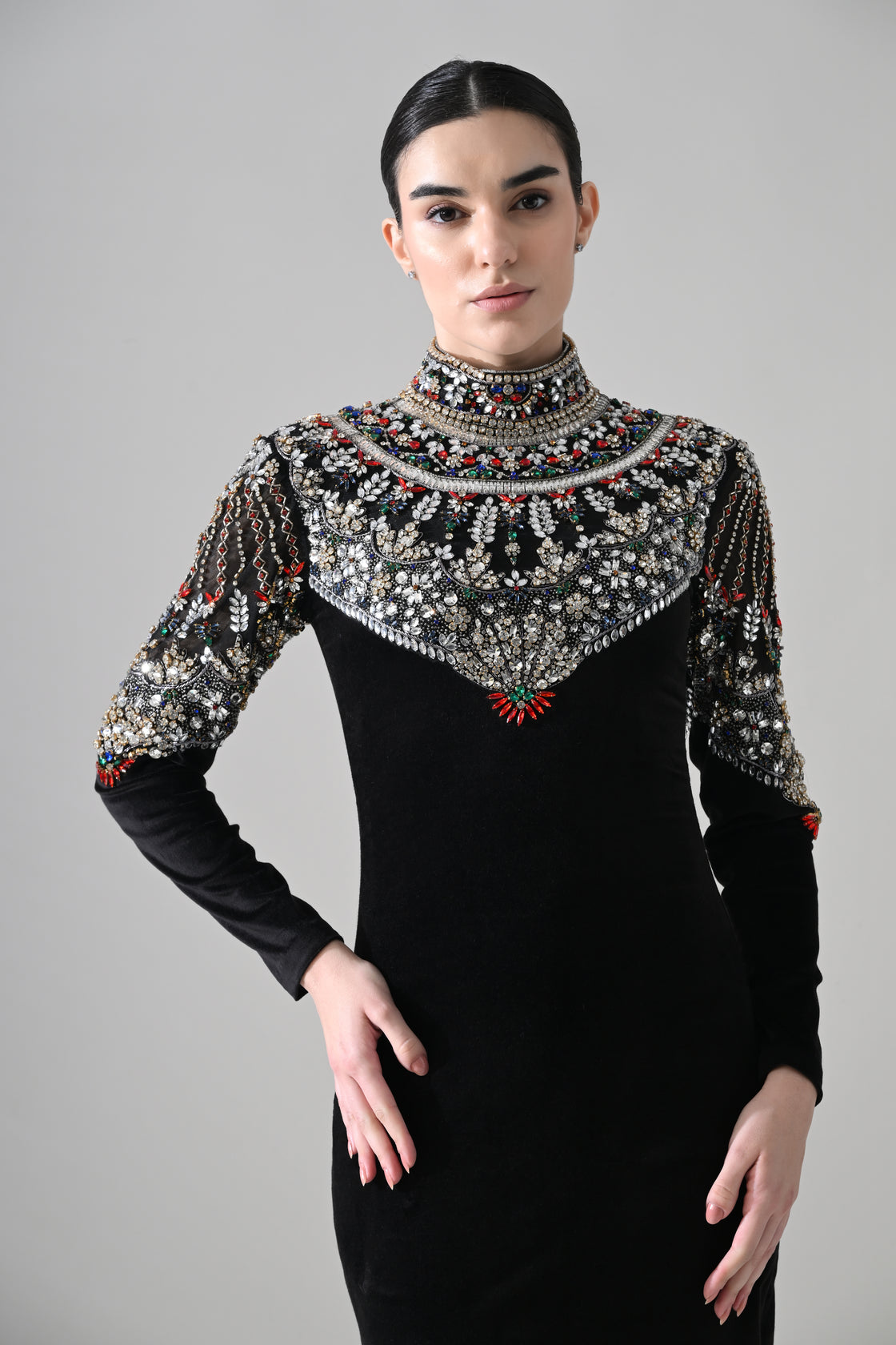 Black High-Neck Mini Dress with Hand-Embroidered Jeweled Yoke
