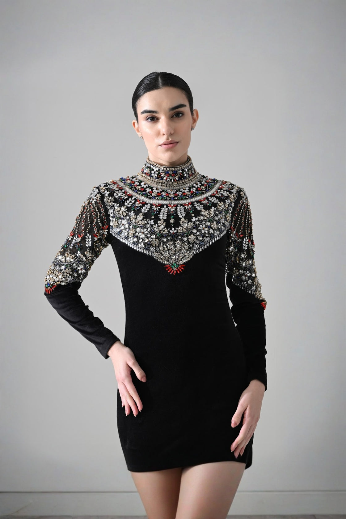 Black High-Neck Short Dress With  Jeweled Embroidered Yoke Detail